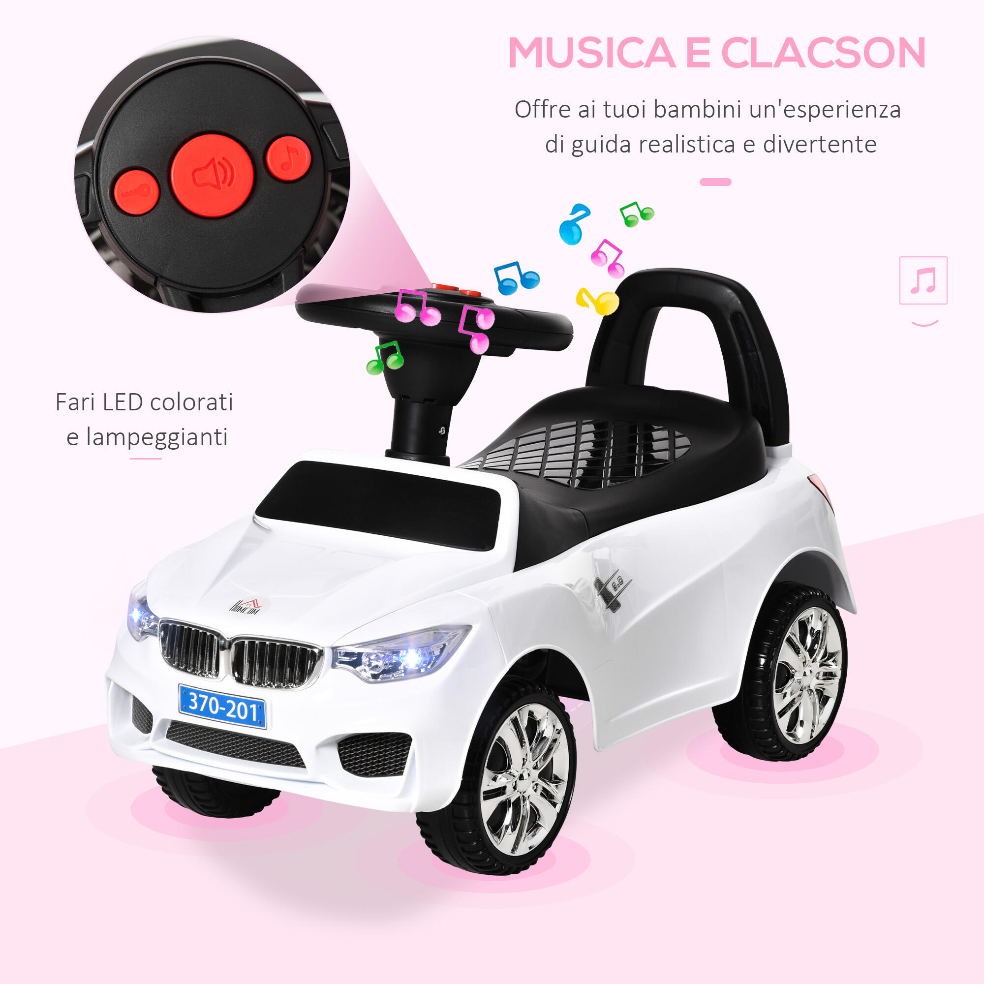HOMCOM Macchinina per Bambini Cavalcabile Volante Fari e Musiche Bianco 4/7