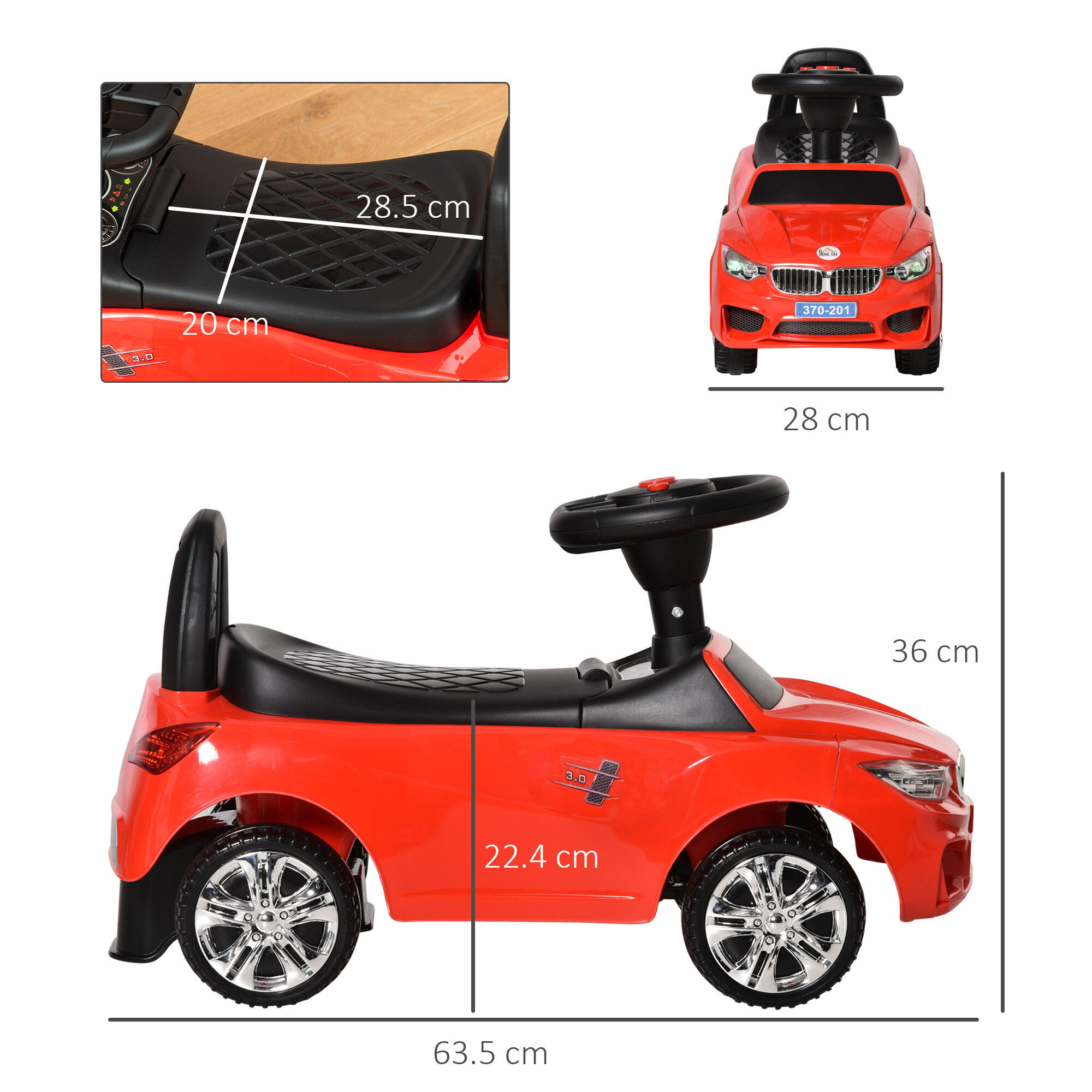 HOMCOM Macchinina per Bambini Cavalcabile Volante Fari e Musiche Integrate Rosso 3/7