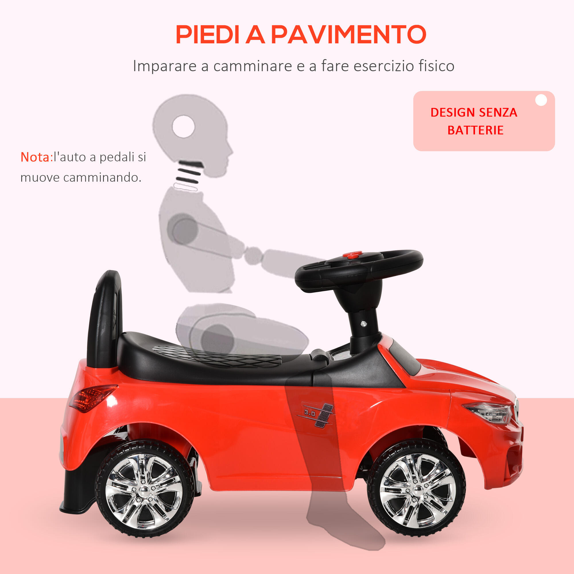 HOMCOM Macchinina per Bambini Cavalcabile Volante Fari e Musiche Integrate Rosso 6/7