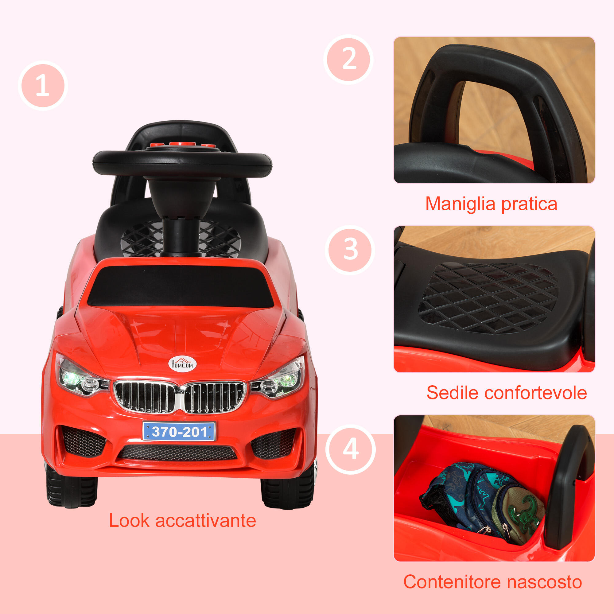 HOMCOM Macchinina per Bambini Cavalcabile Volante Fari e Musiche Integrate Rosso 7/7