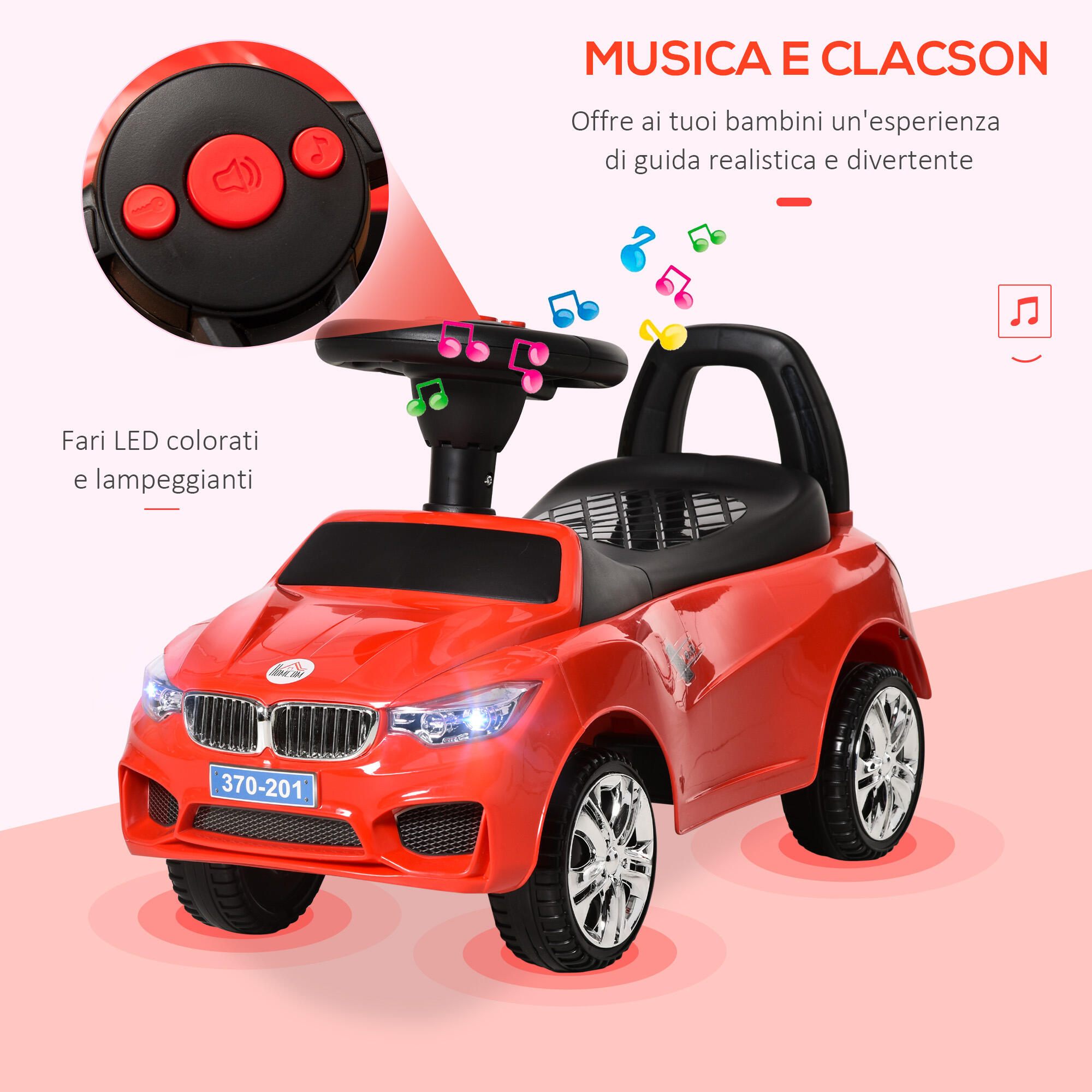 HOMCOM Macchinina per Bambini Cavalcabile Volante Fari e Musiche Integrate Rosso 5/7