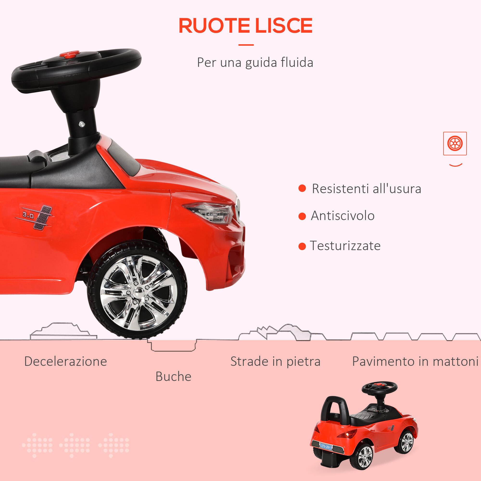 HOMCOM Macchinina per Bambini Cavalcabile Volante Fari e Musiche Integrate Rosso 4/7