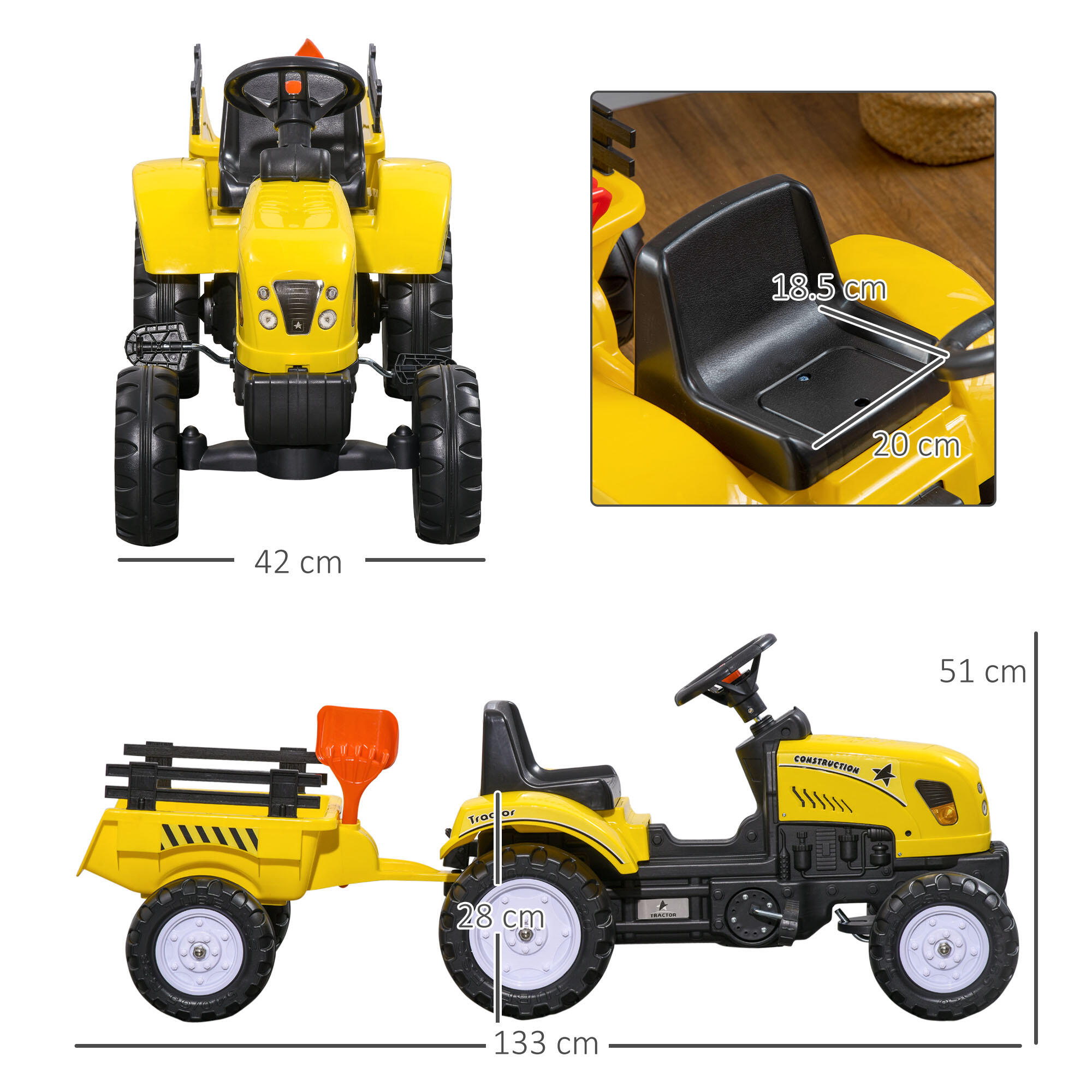 HOMCOM Trattore a Pedali per Bambini 3+ Anni con Rimorchio, Rastrello e Pala 3/8