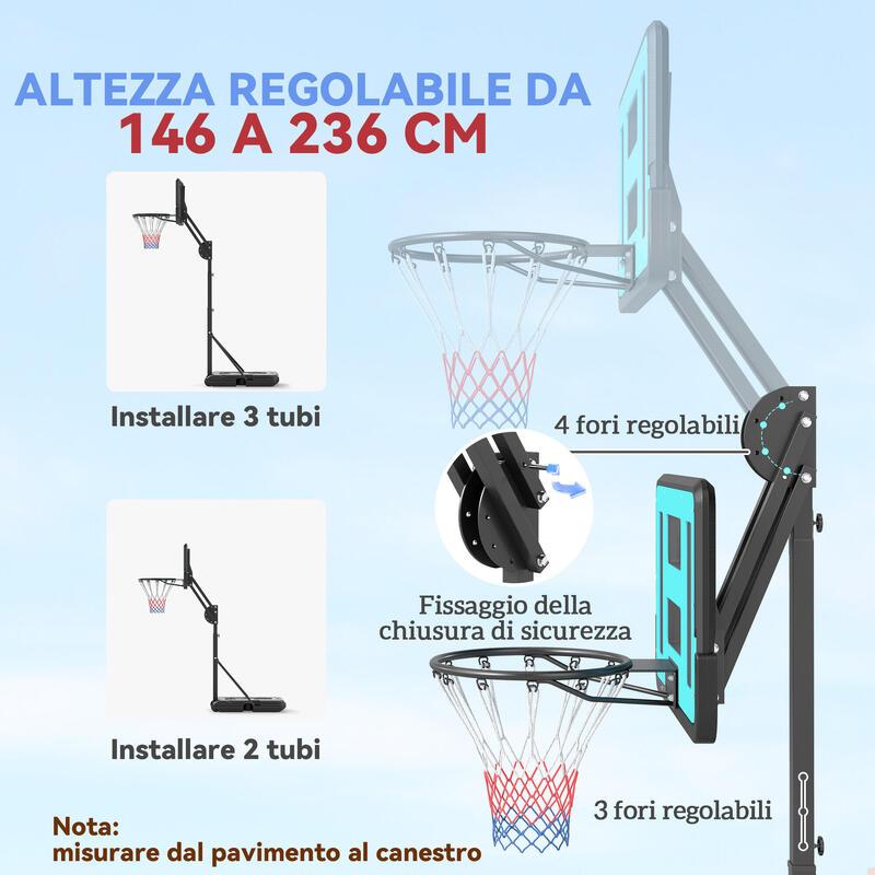 SPORTNOW Coș de Baschet Reglabil 146-236 cm cu Roți și Bază