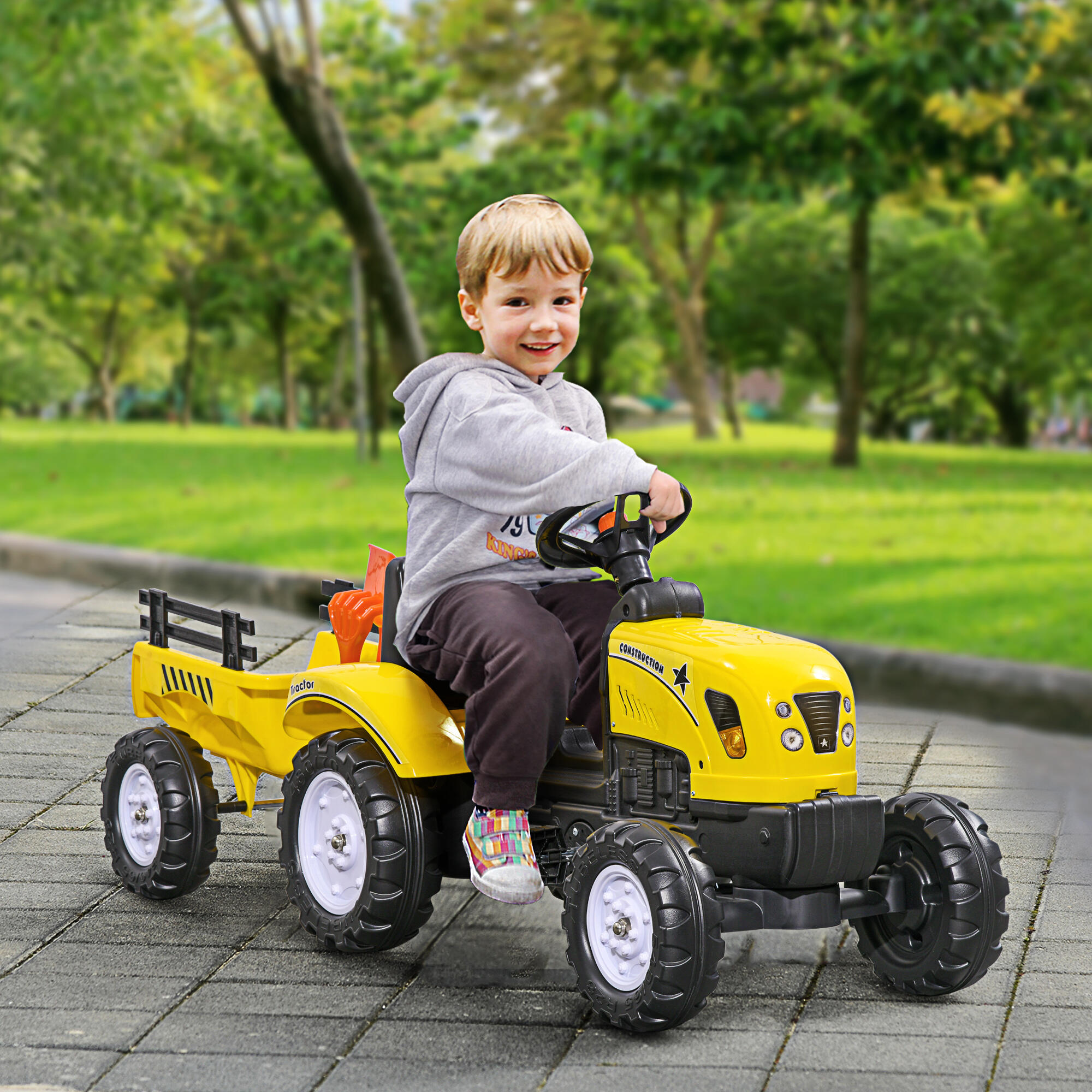 HOMCOM Trattore a Pedali per Bambini 3+ Anni con Rimorchio, Rastrello e Pala 2/8