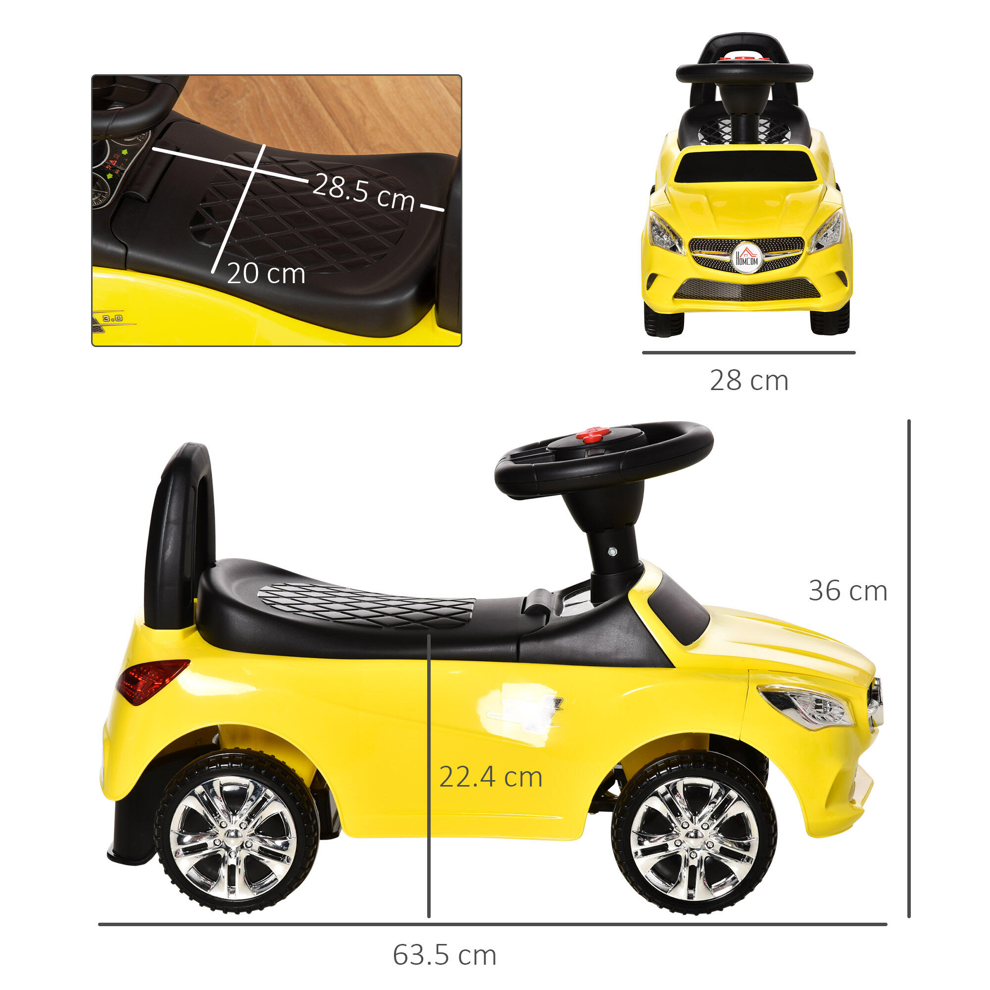 HOMCOM Macchina Giocattolo per Bambini Cavalcabile con Volante e Fari Gialla 3/7