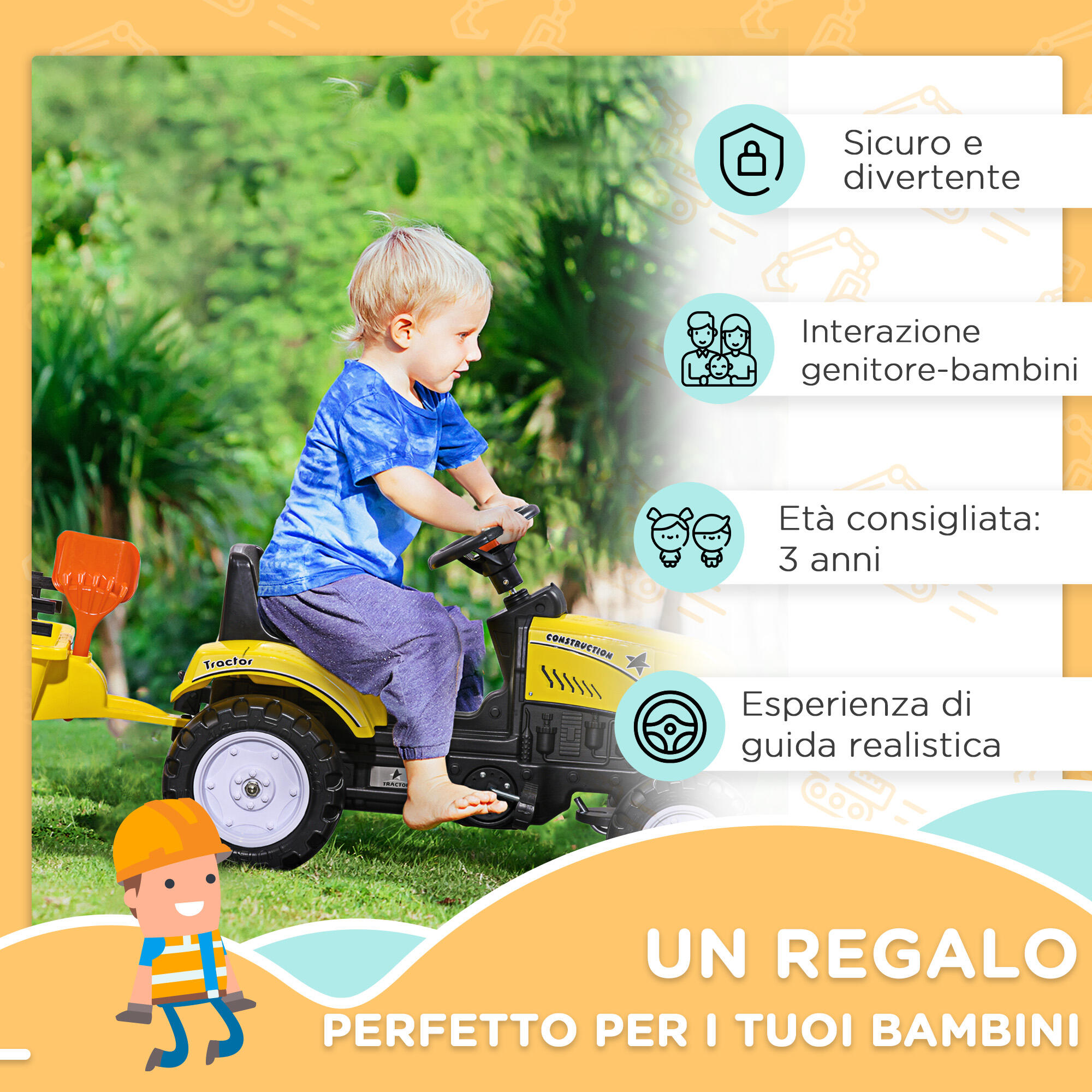 HOMCOM Trattore a Pedali per Bambini 3+ Anni con Rimorchio, Rastrello e Pala 6/8