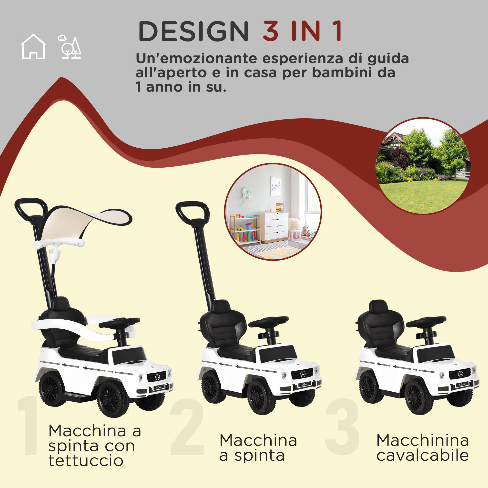 HOMCOM Macchina a Spinta per Bambini con Maniglia e Tettuccio Bianco 4/7