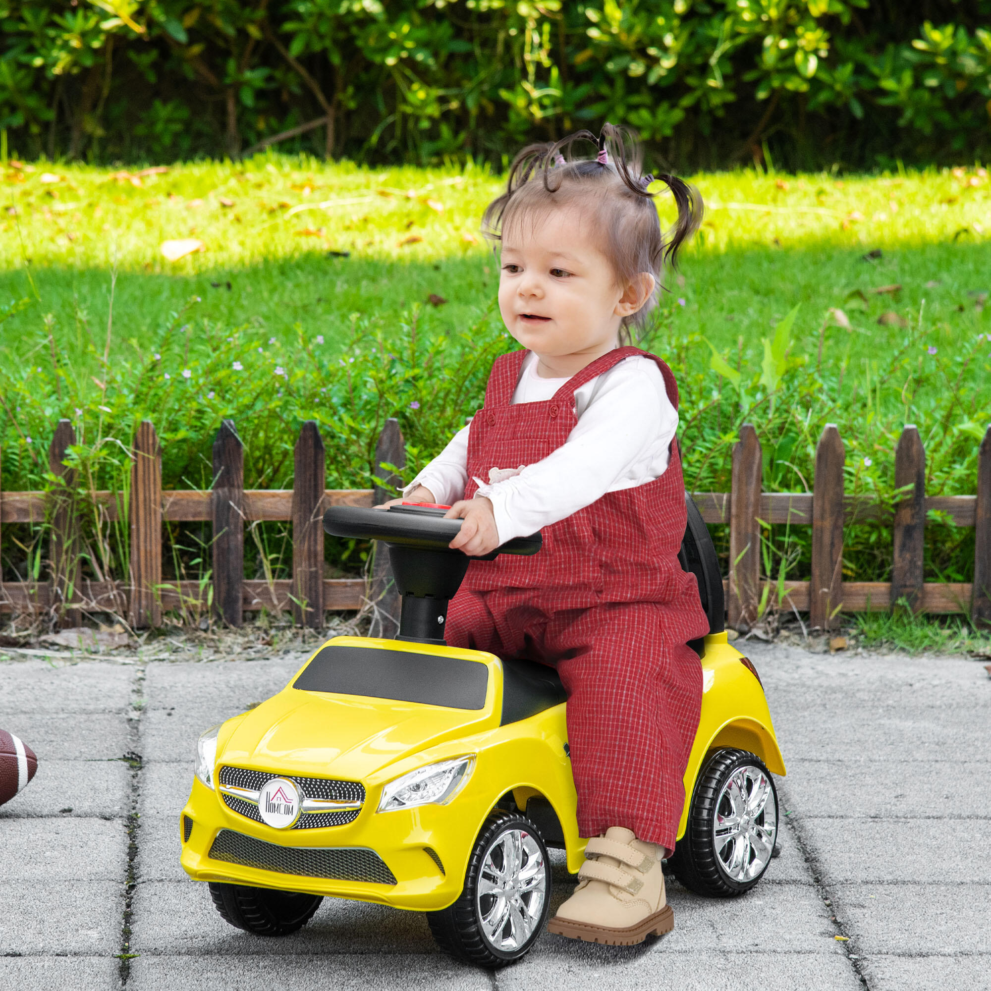 HOMCOM Macchina Giocattolo per Bambini Cavalcabile con Volante e Fari Gialla 2/7