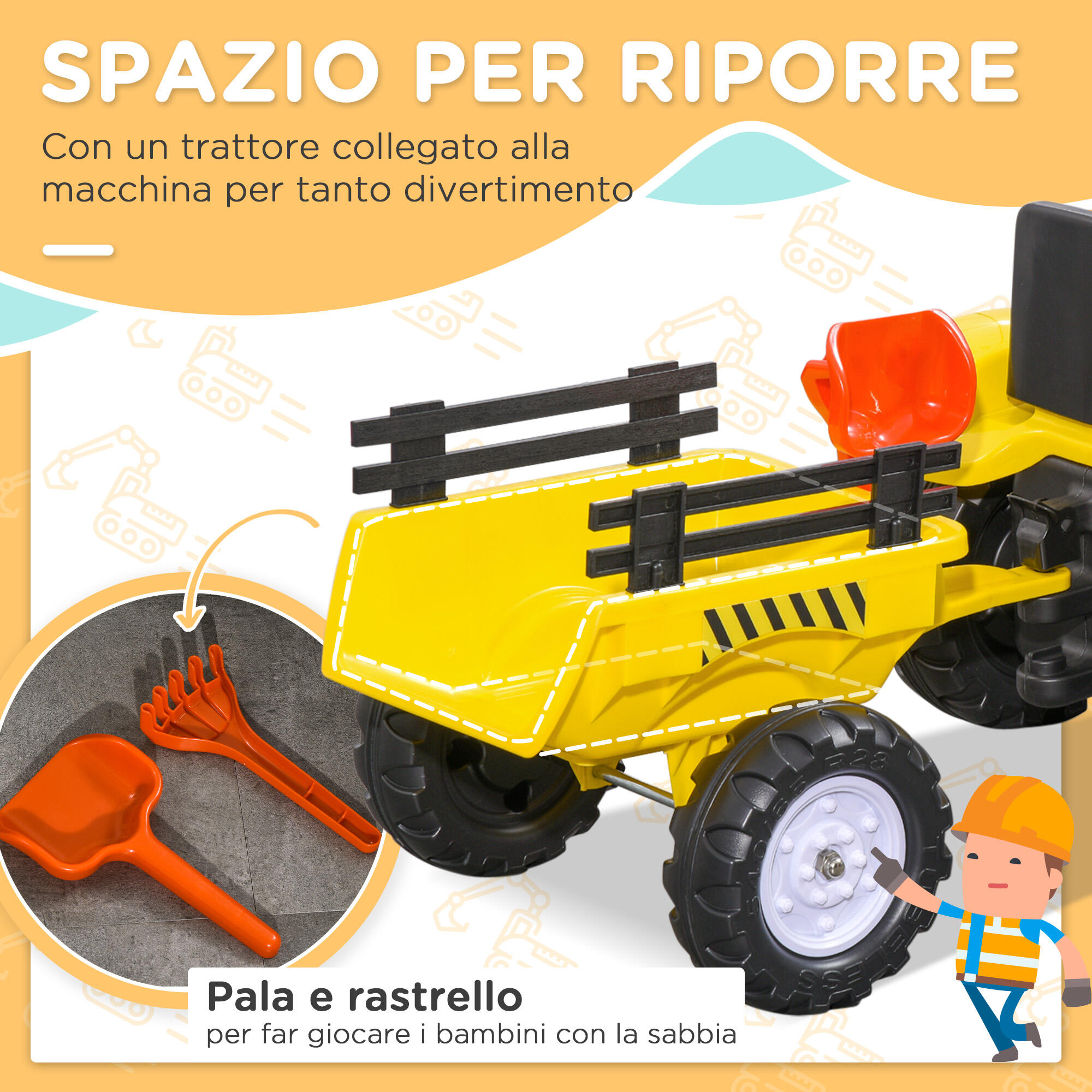 HOMCOM Trattore a Pedali per Bambini 3+ Anni con Rimorchio, Rastrello e Pala 7/8