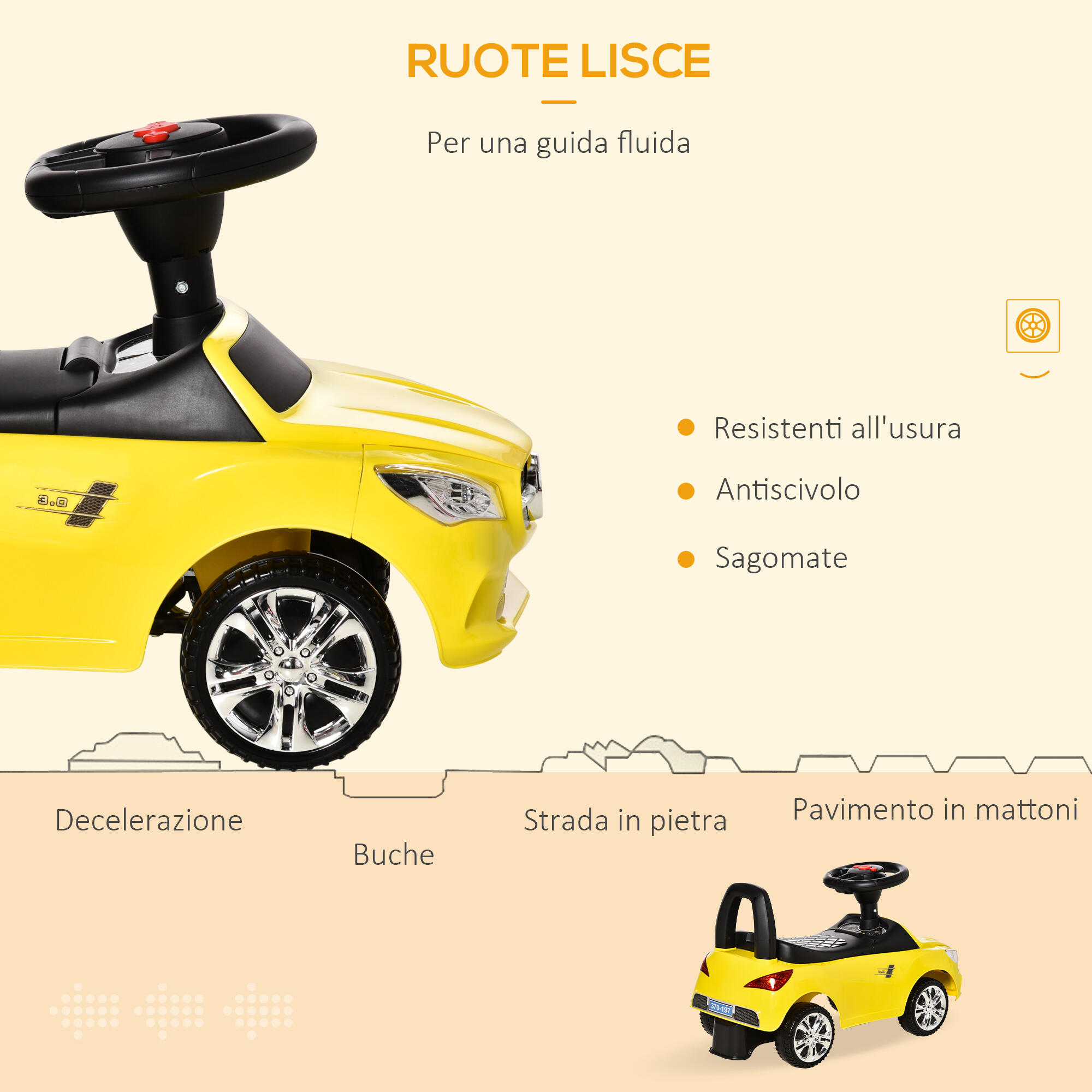 HOMCOM Macchina Giocattolo per Bambini Cavalcabile con Volante e Fari Gialla 6/7