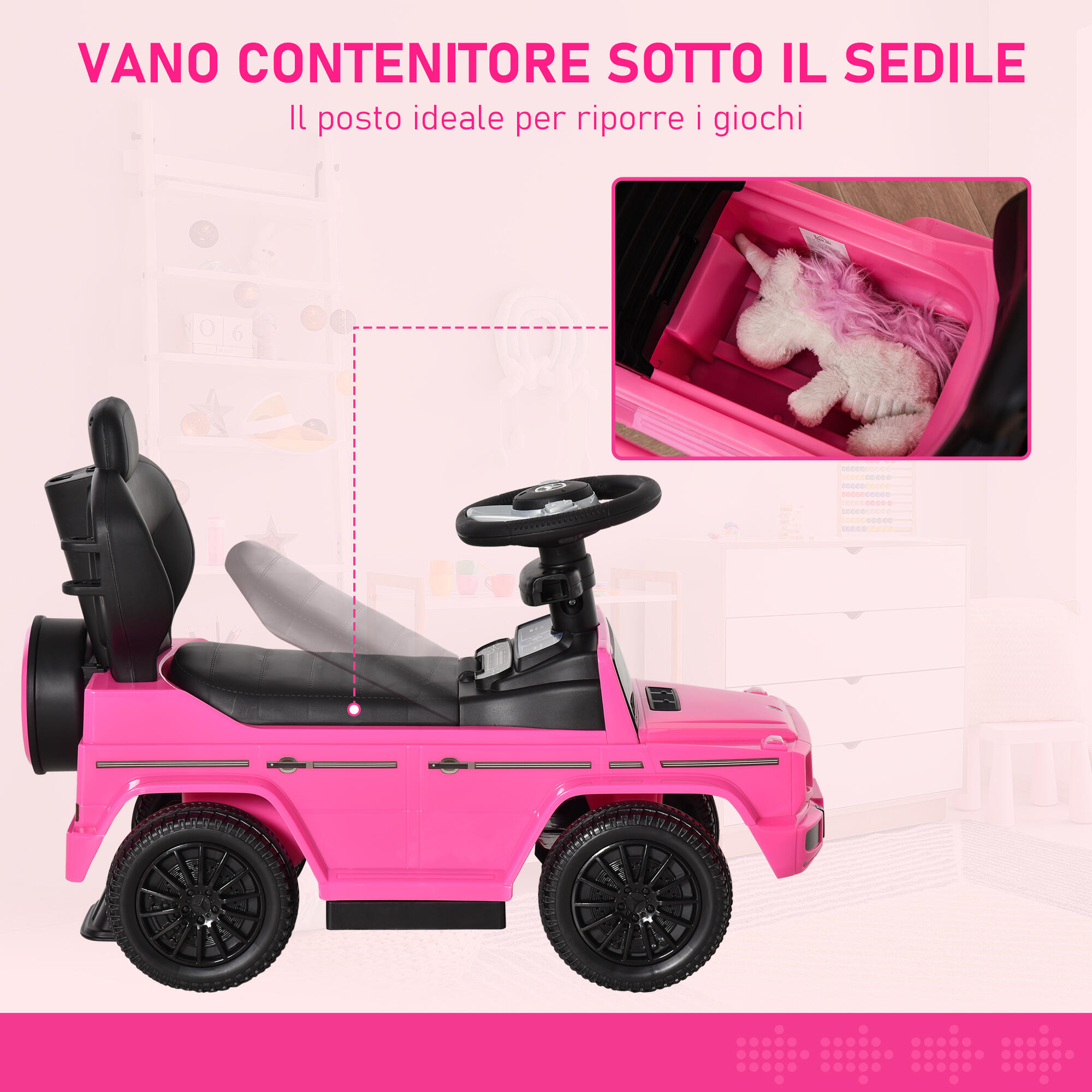HOMCOM Macchina a Spinta per Bambini con Maniglia e Tettuccio Rosa 6/7