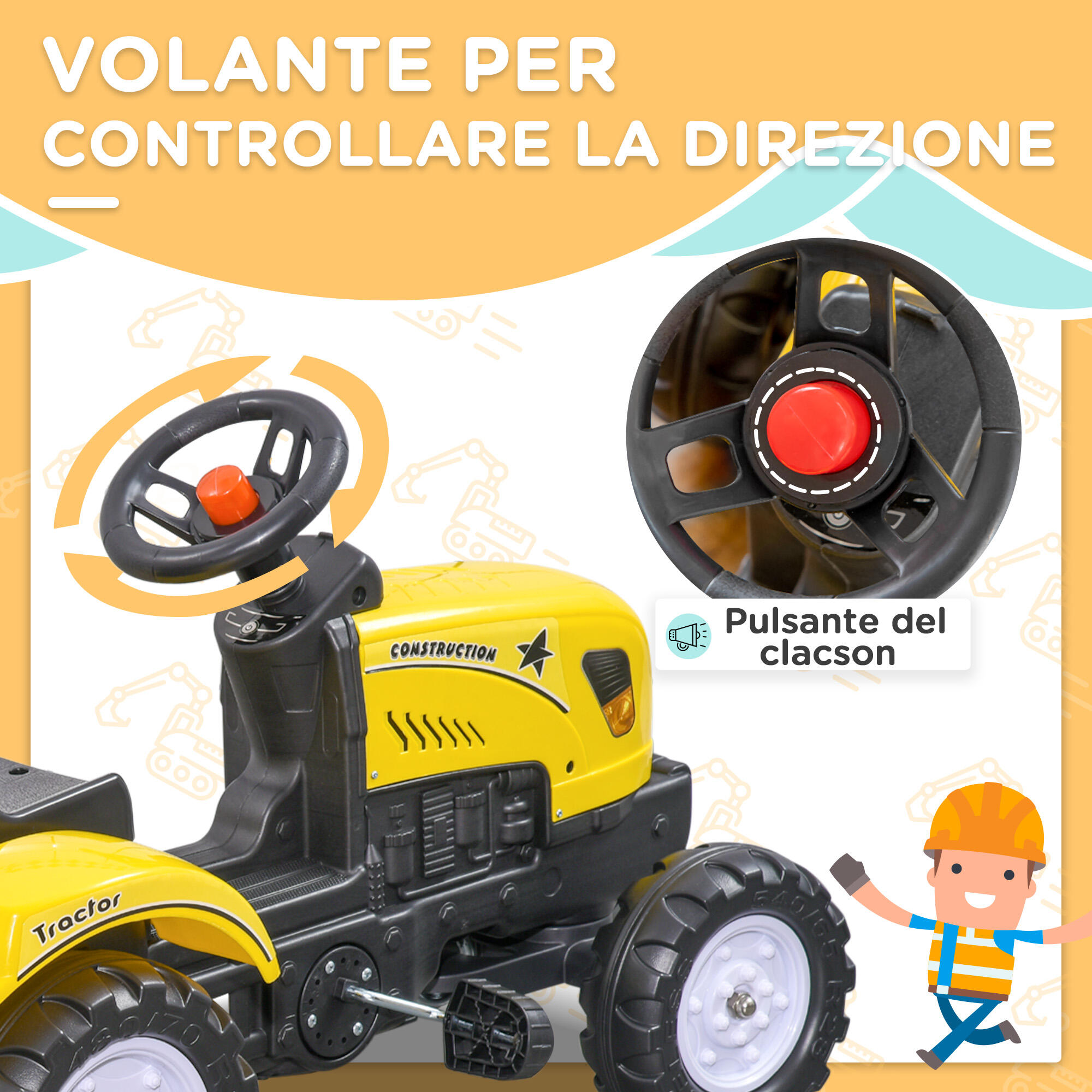 HOMCOM Trattore a Pedali per Bambini 3+ Anni con Rimorchio, Rastrello e Pala 5/8