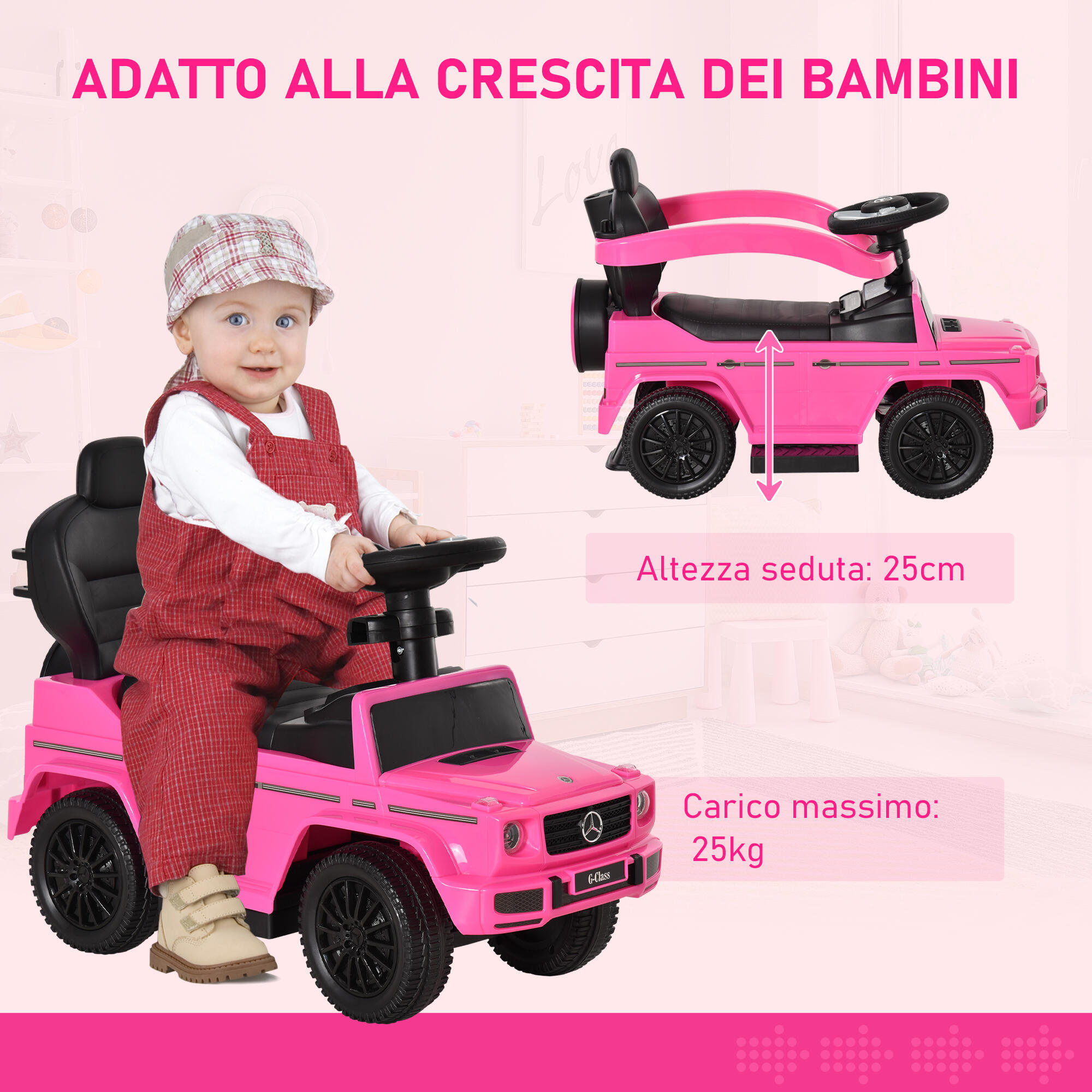 HOMCOM Macchina a Spinta per Bambini con Maniglia e Tettuccio Rosa 7/7