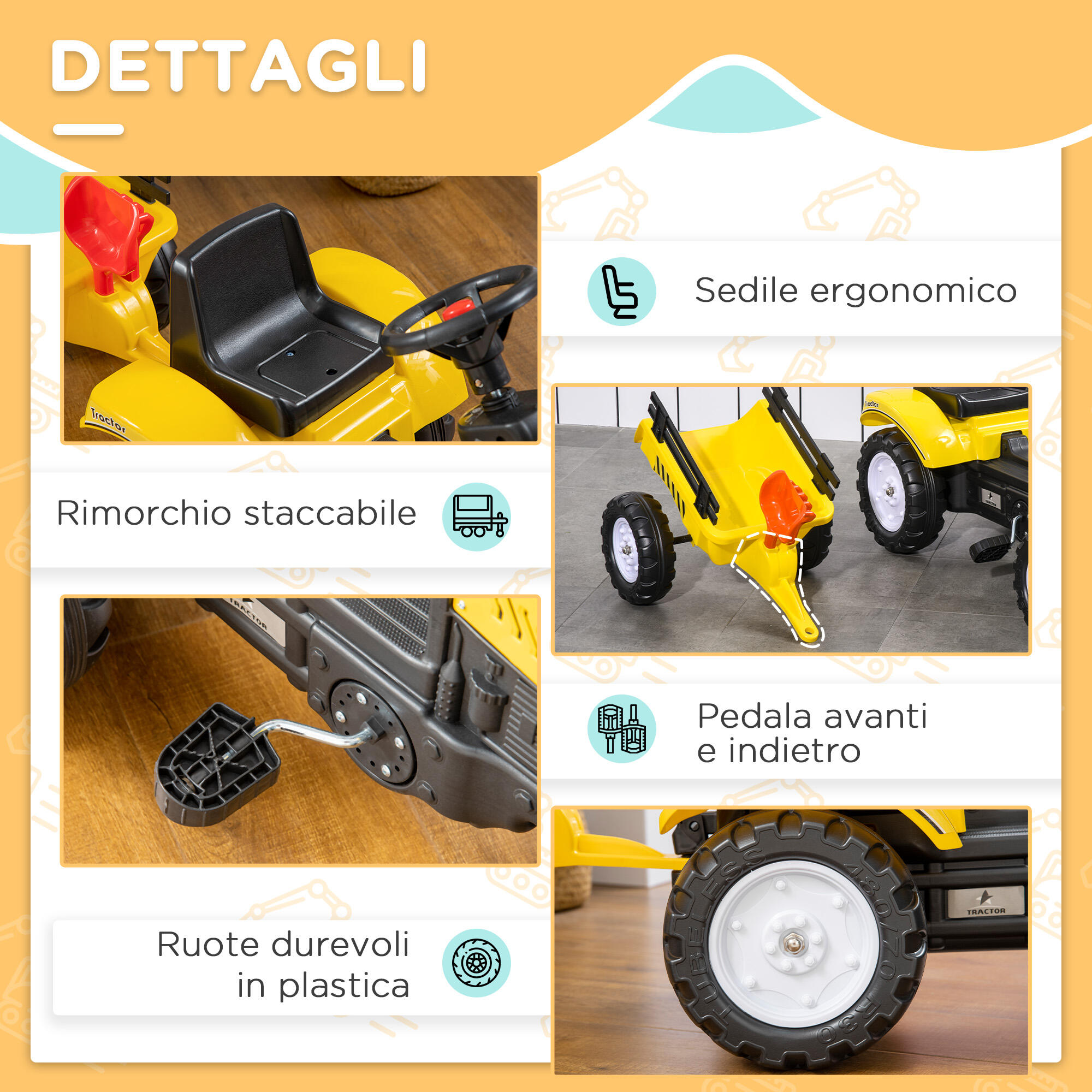 HOMCOM Trattore a Pedali per Bambini 3+ Anni con Rimorchio, Rastrello e Pala 4/8