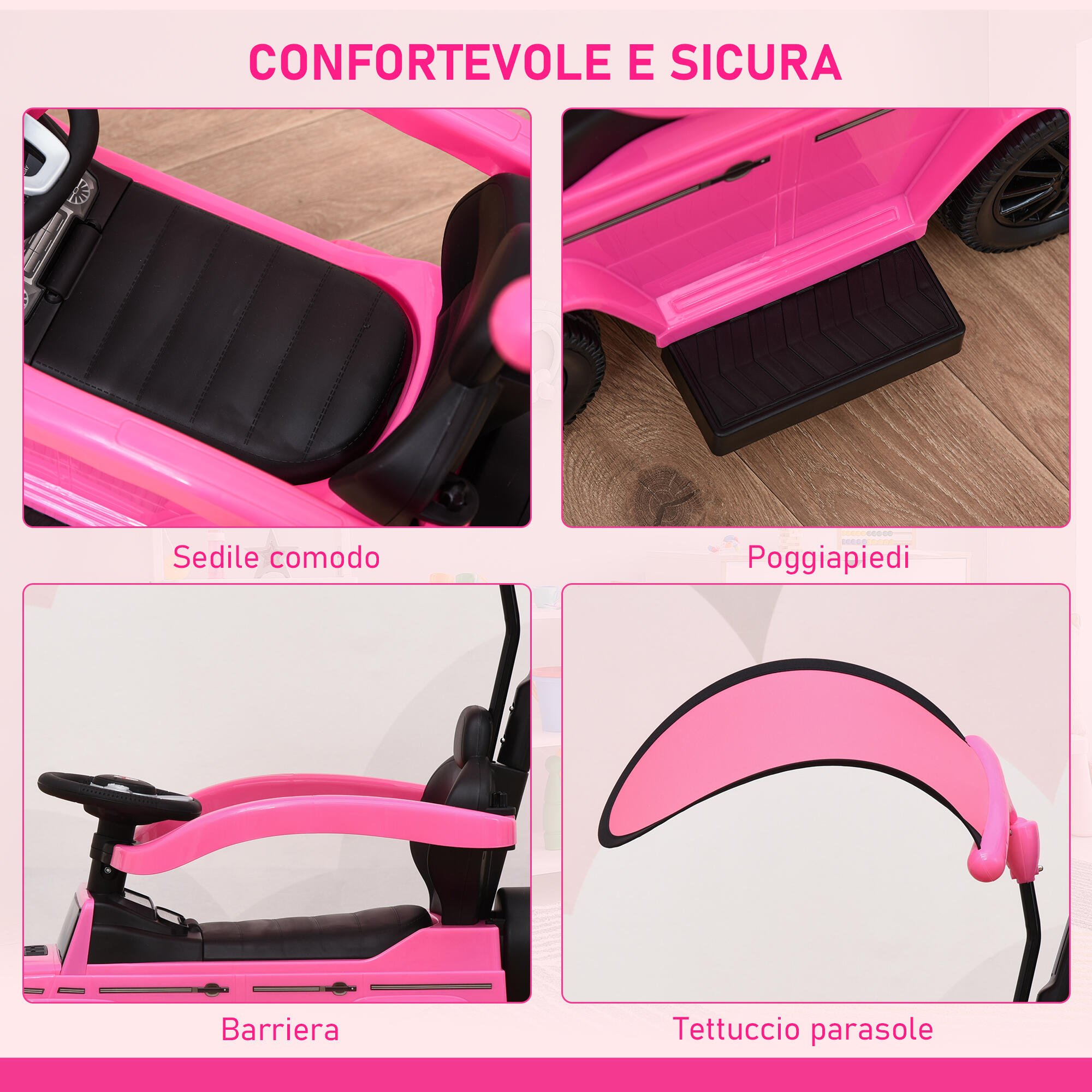 HOMCOM Macchina a Spinta per Bambini con Maniglia e Tettuccio Rosa 5/7