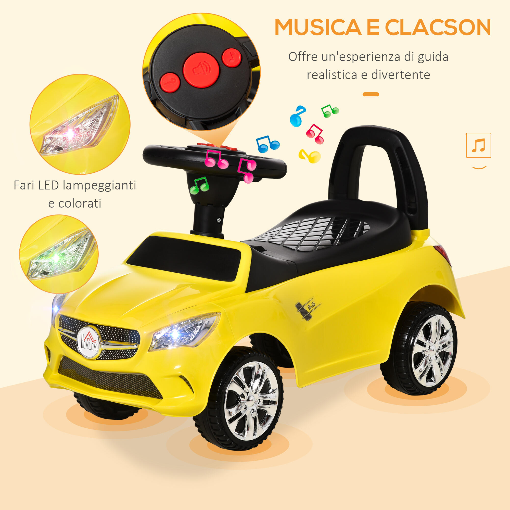 HOMCOM Macchina Giocattolo per Bambini Cavalcabile con Volante e Fari Gialla 4/7