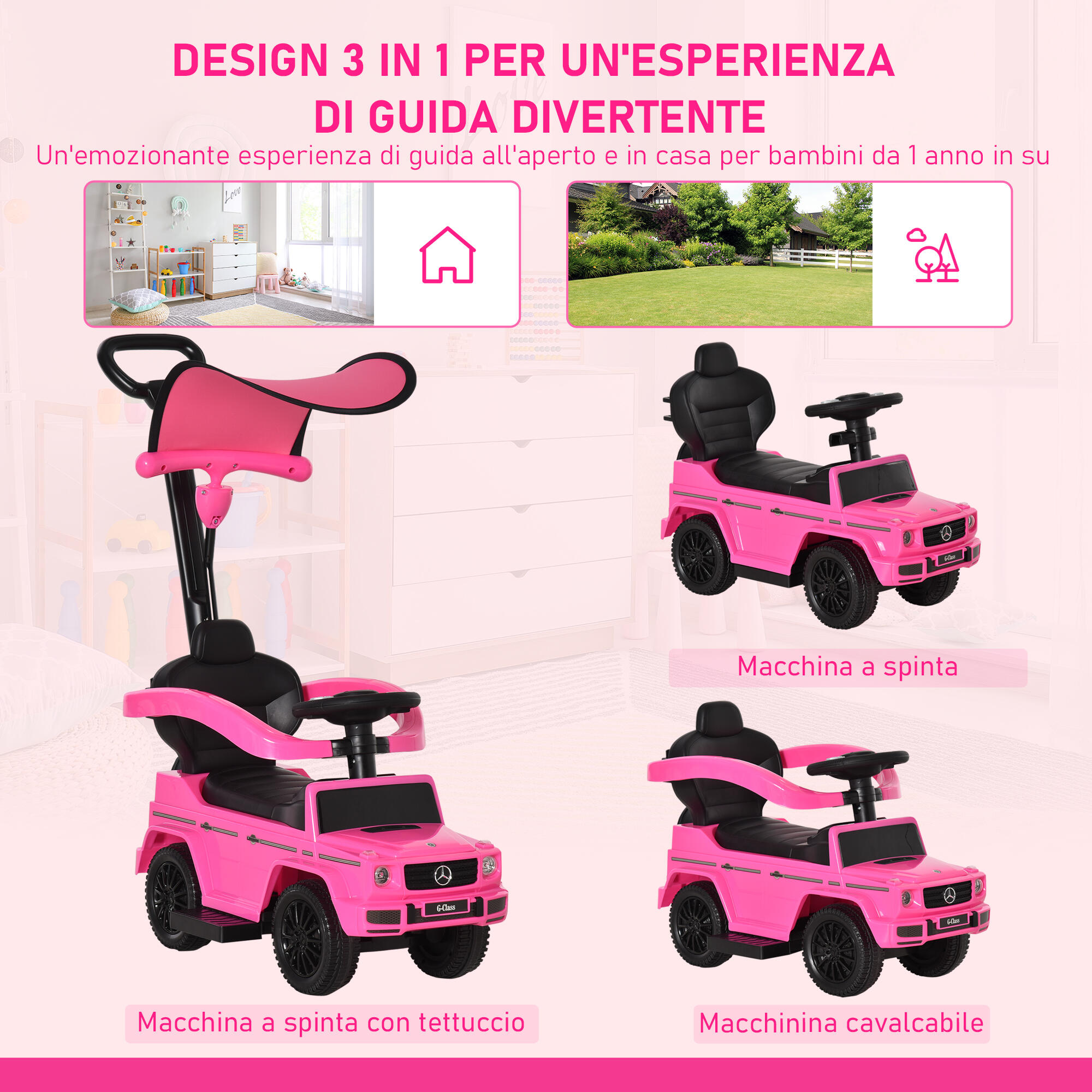 HOMCOM Macchina a Spinta per Bambini con Maniglia e Tettuccio Rosa 4/7