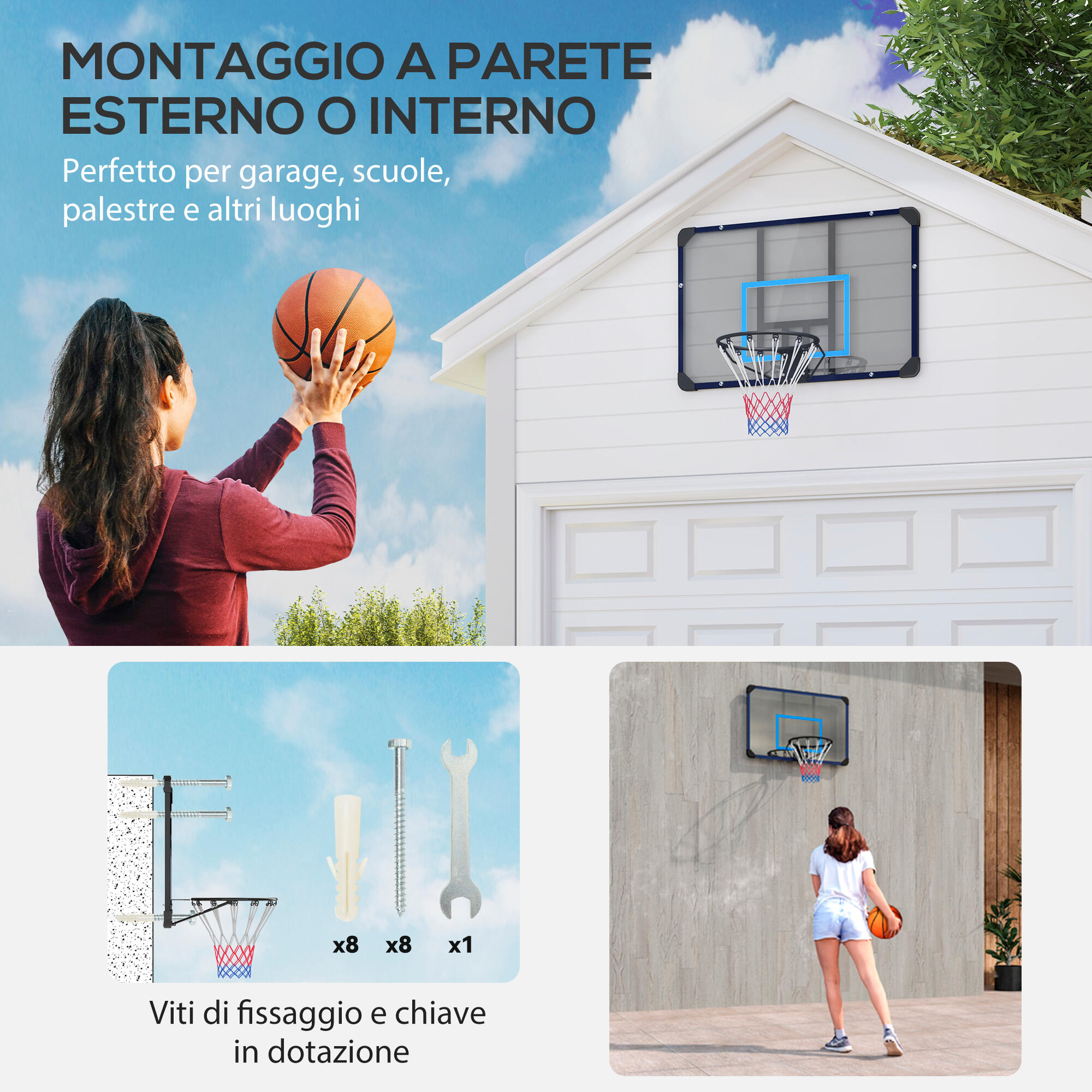 SPORTNOW Canestro Basket da Muro con Tabellone Infrangibile e Cerchio in Acciaio 4/7