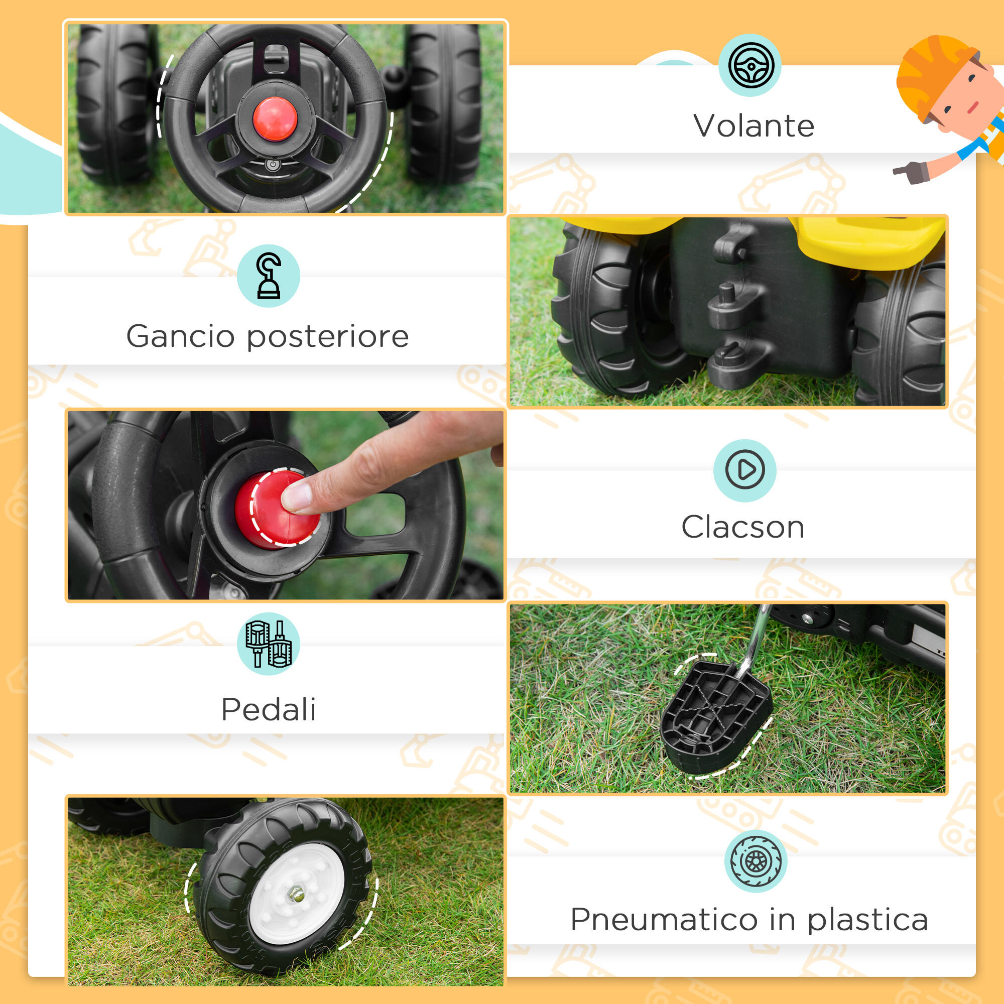 HOMCOM Ruspa Giocattolo per Bambini 3-6 Anni con 4 Ruote in Acciaio e Plastica 6/8