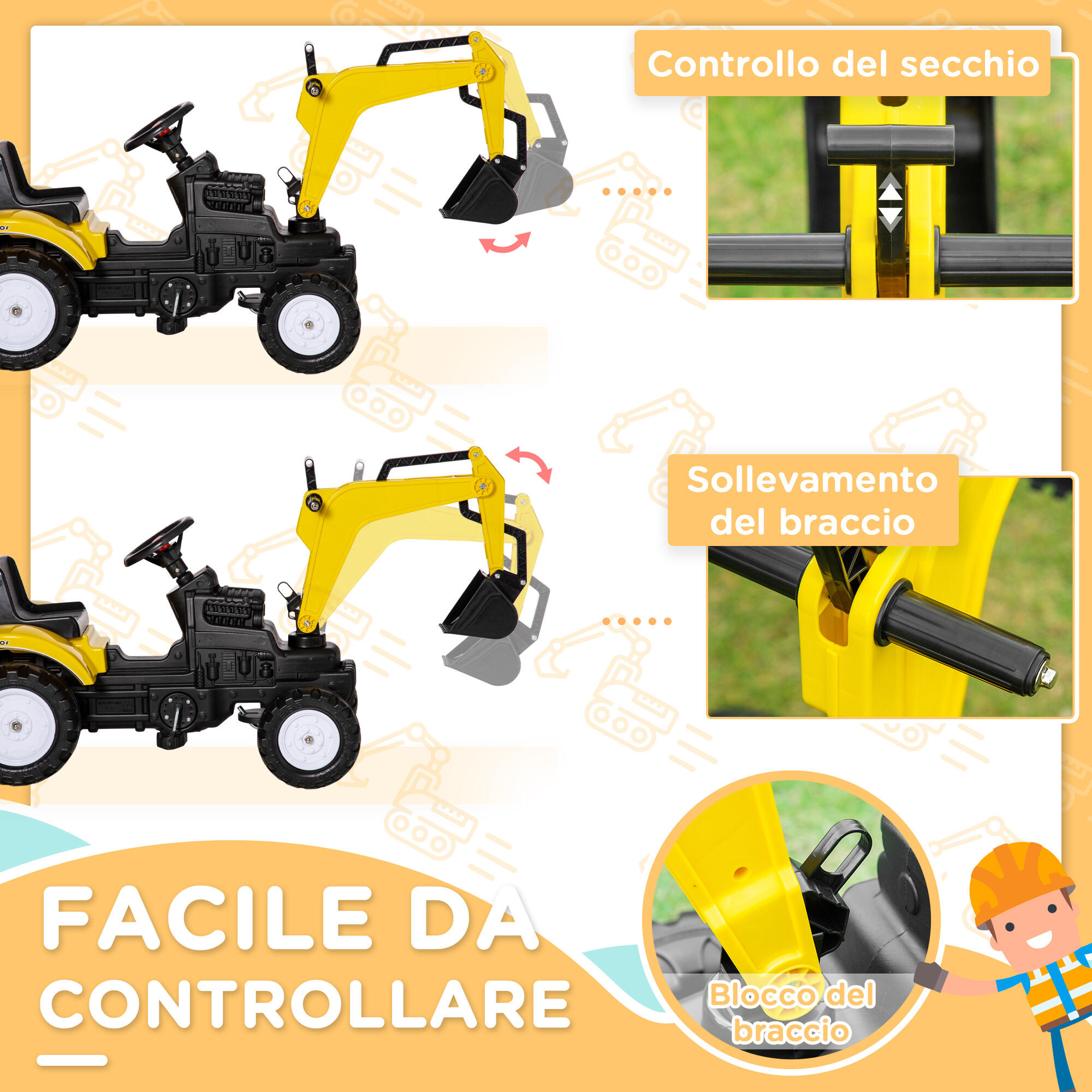 HOMCOM Ruspa Giocattolo per Bambini 3-6 Anni con 4 Ruote in Acciaio e Plastica 5/8