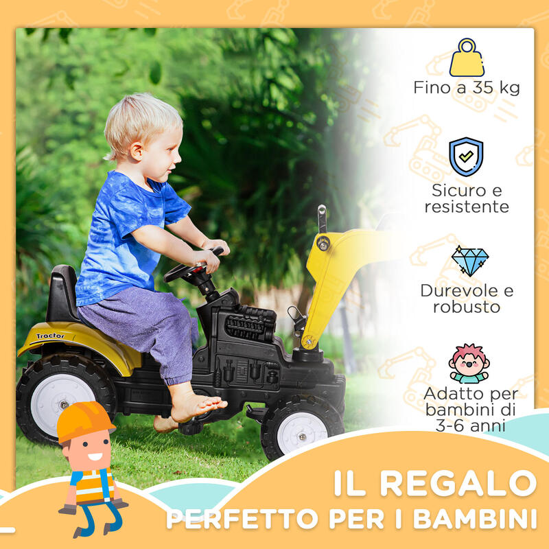 Homcom Excavator Copii cu Pedale – Claxon, Cupa Mobila & Distractie Activa