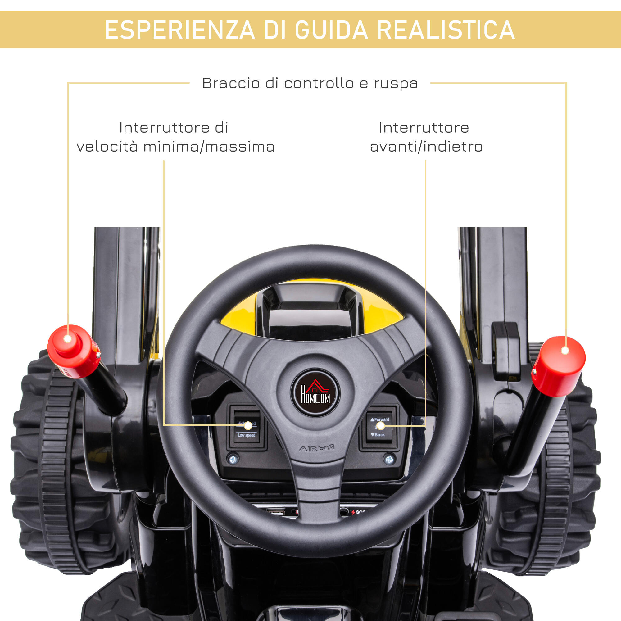 HOMCOM Ruspa Giocattolo a Batteria 6V con Suoni e Luci per Bambini 3-5 Anni 6/7