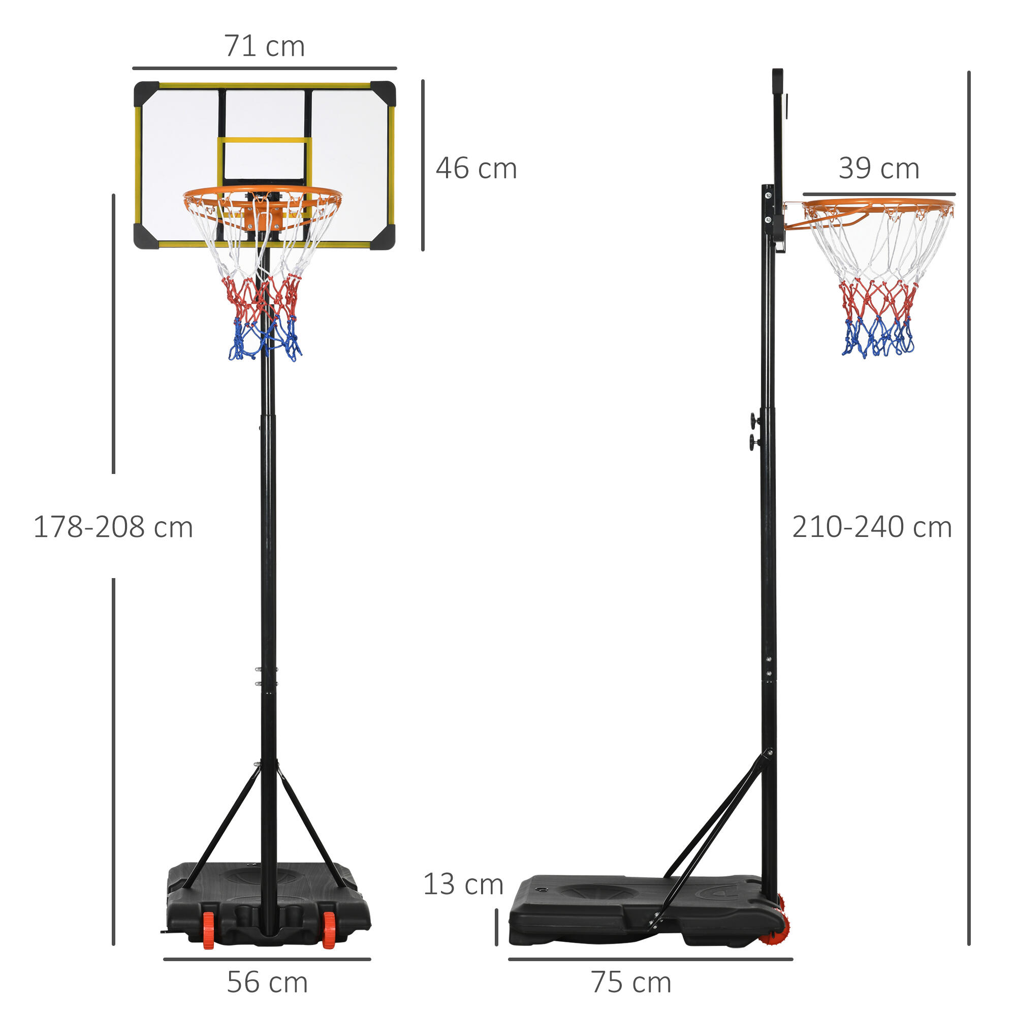 SPORTNOW Canestro Basket per Adulti con Altezza Regolabile 2.1-2.4 m 3/8