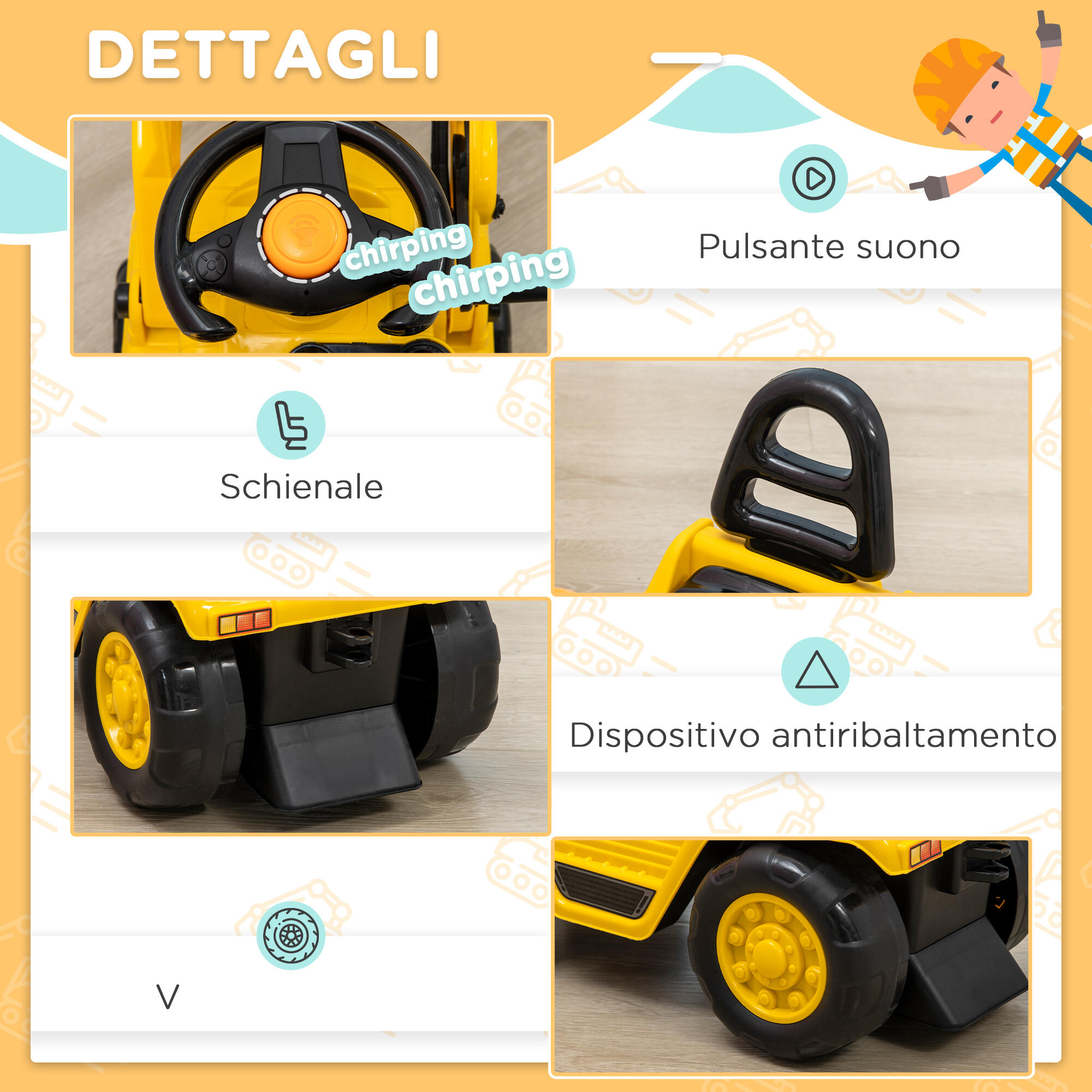 HOMCOM Escavatore per Bambini 2-4 Anni Manuale con Pinza in PP e ABS Giallo Nero 6/7