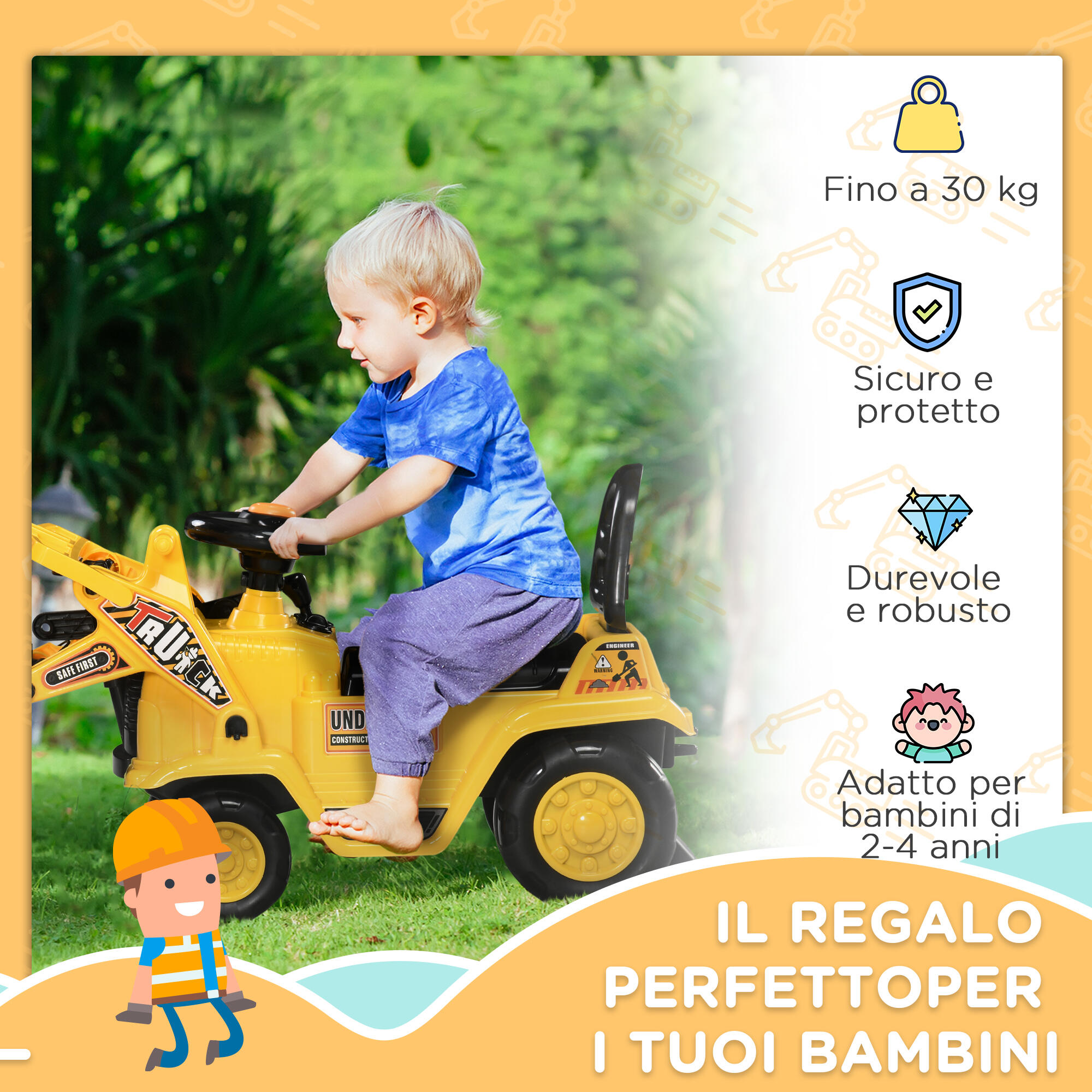 HOMCOM Escavatore per Bambini 2-4 Anni Manuale con Pinza in PP e ABS Giallo Nero 7/7