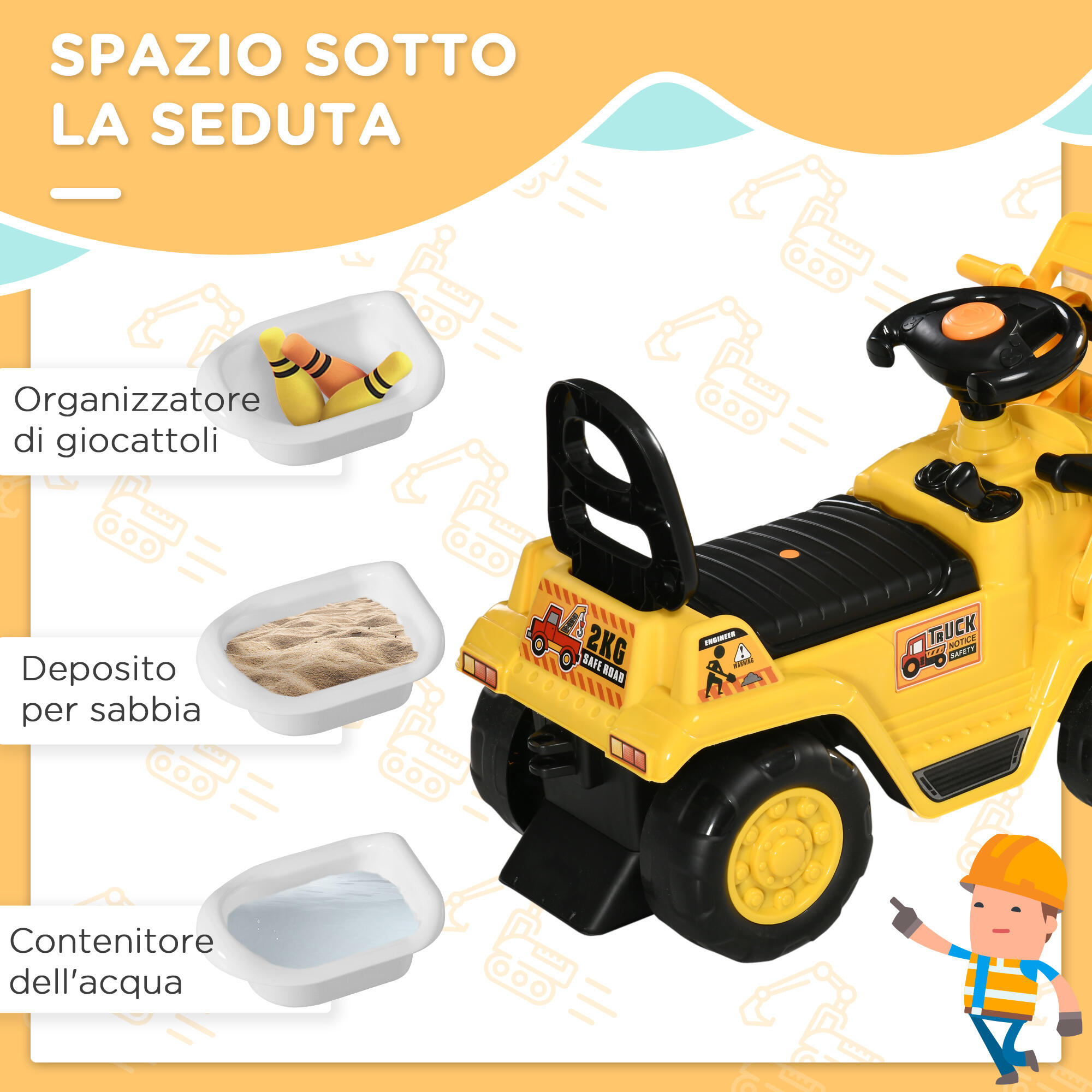 HOMCOM Escavatore per Bambini 2-4 Anni Manuale con Pinza in PP e ABS Giallo Nero 5/7