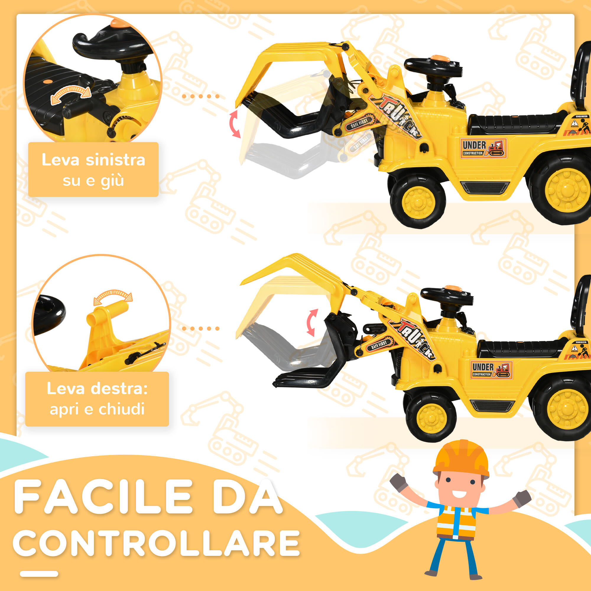 HOMCOM Escavatore per Bambini 2-4 Anni Manuale con Pinza in PP e ABS Giallo Nero 4/7