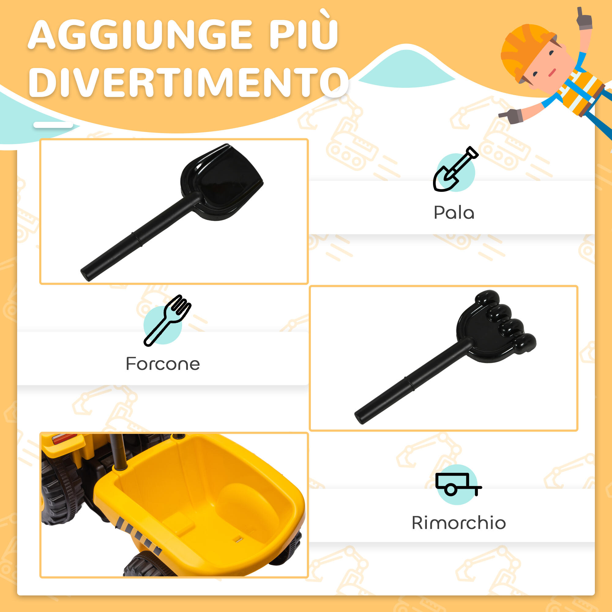 AIYAPLAY Camion Giocattolo per Bambini con Pala e Rimorchio 91x29x44 cm Giallo 5/7