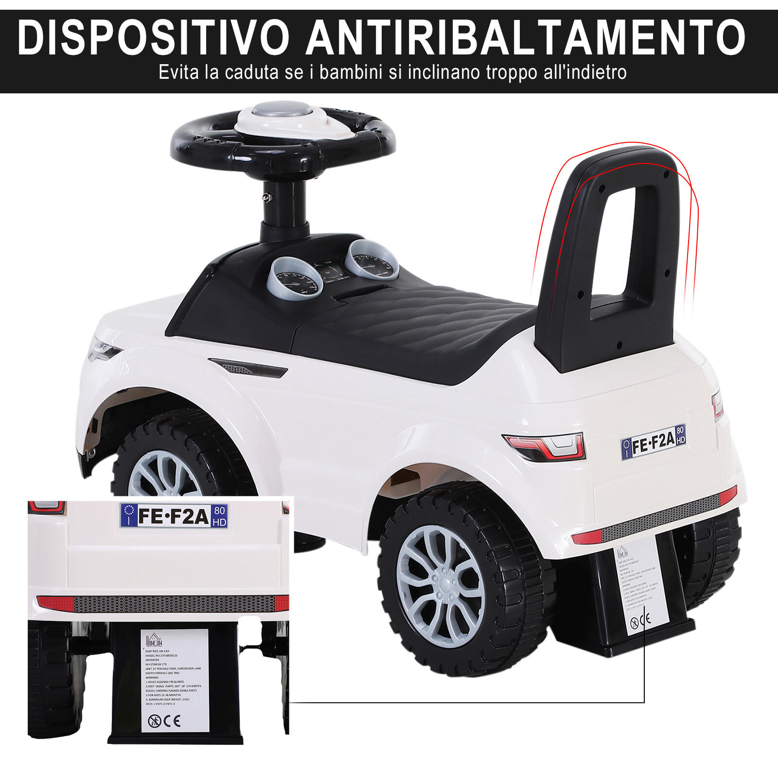 HOMCOM Macchina Cavalcabile Giocattolo per Bambini 12-36 Mesi Bianca 5/7