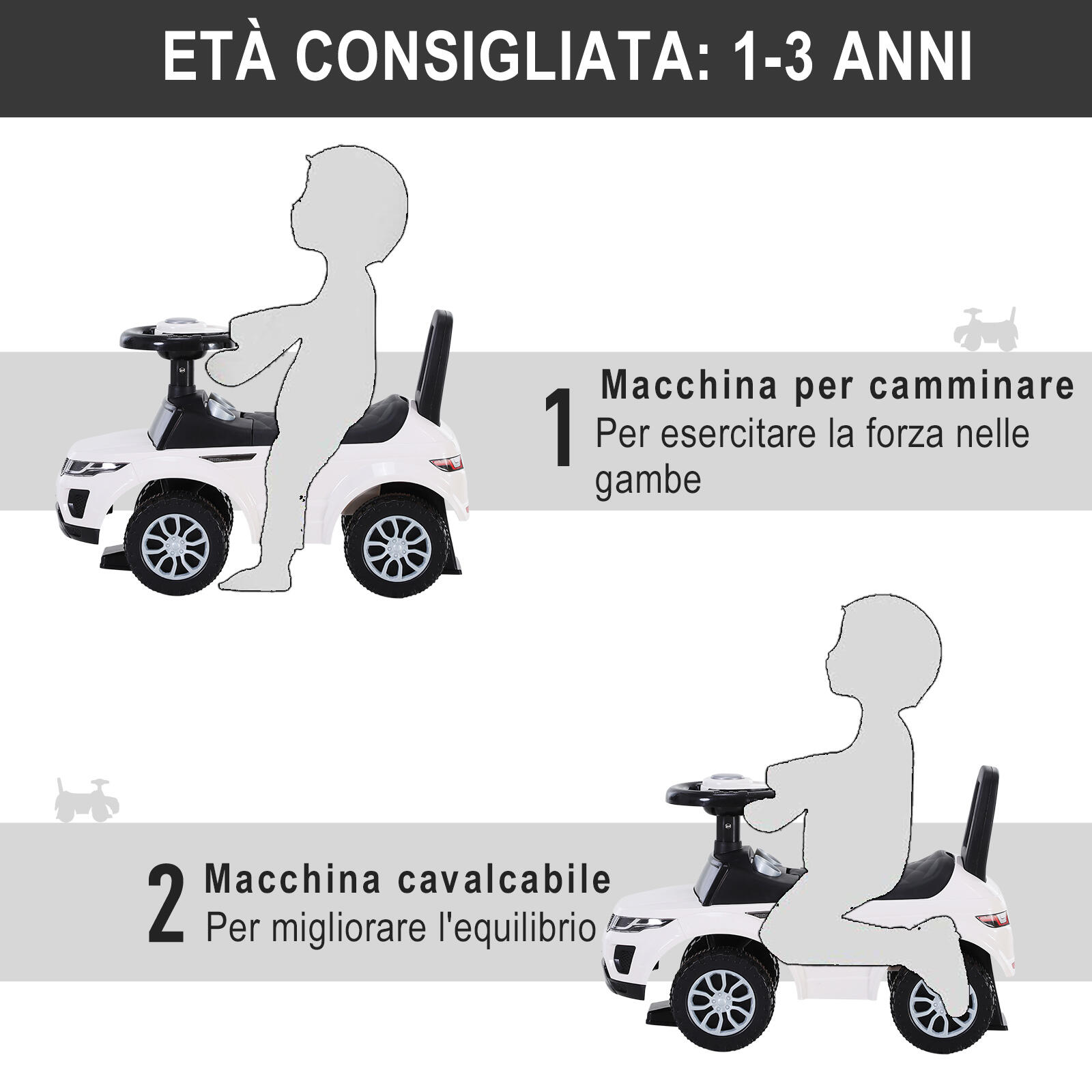 HOMCOM Macchina Cavalcabile Giocattolo per Bambini 12-36 Mesi Bianca 4/7