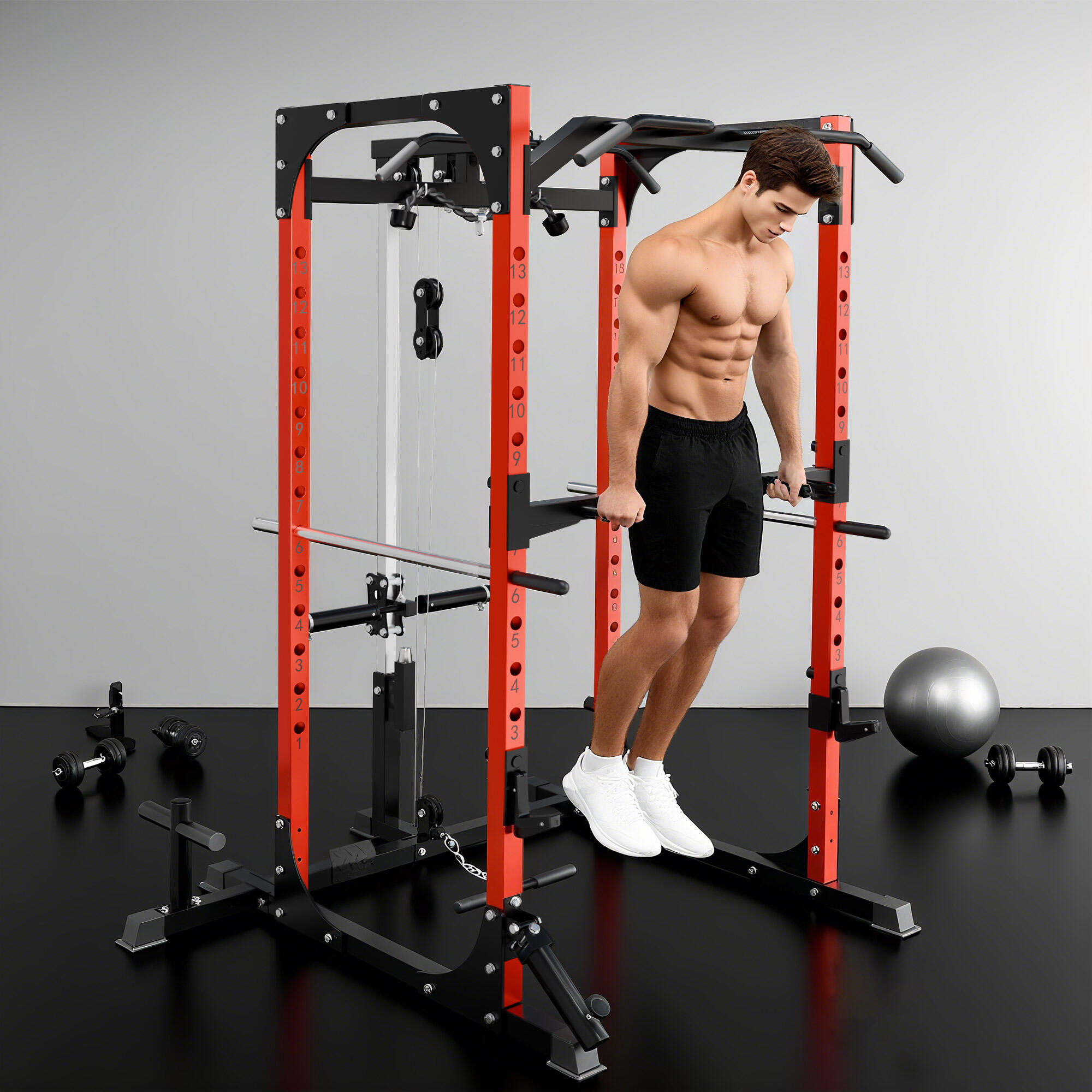 SPORTNOW Stazione Fitness con Supporto per Bilanciere e Barra Nero e Rosso 2/8