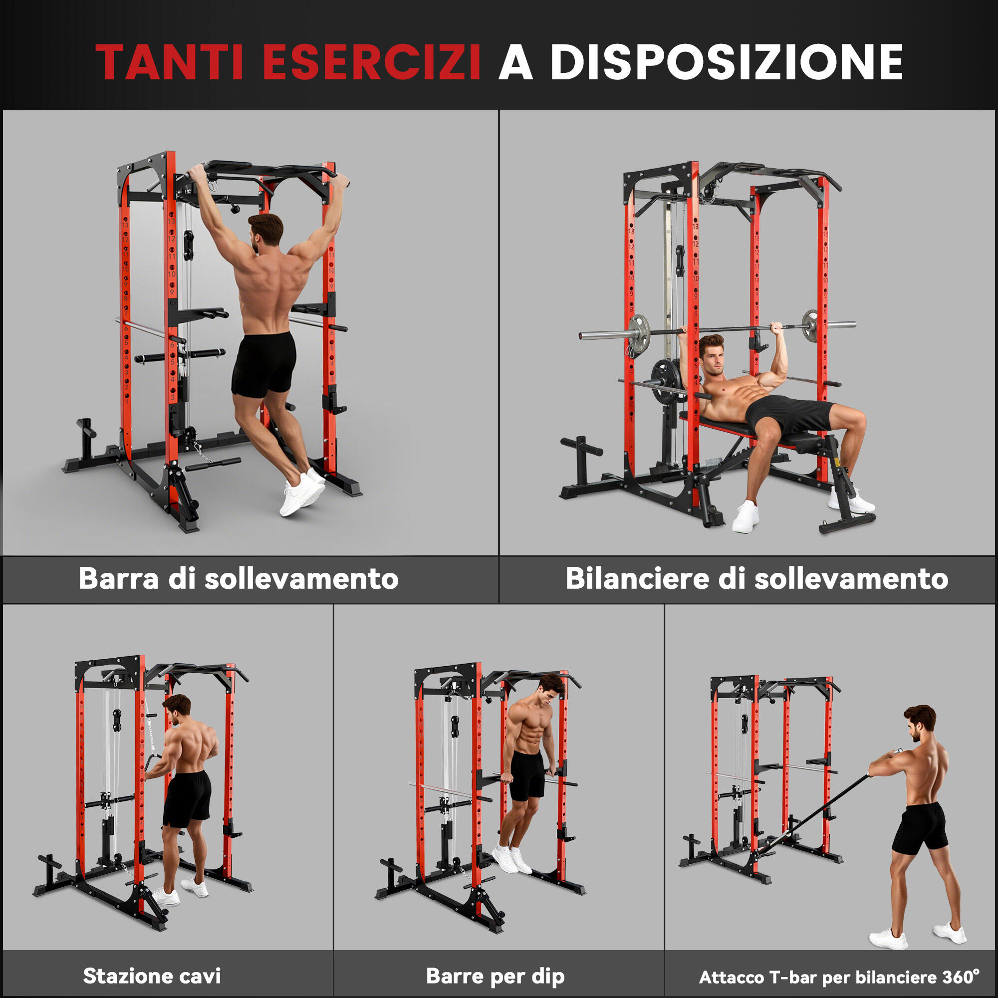 SPORTNOW Stazione Fitness con Supporto per Bilanciere e Barra Nero e Rosso 5/8