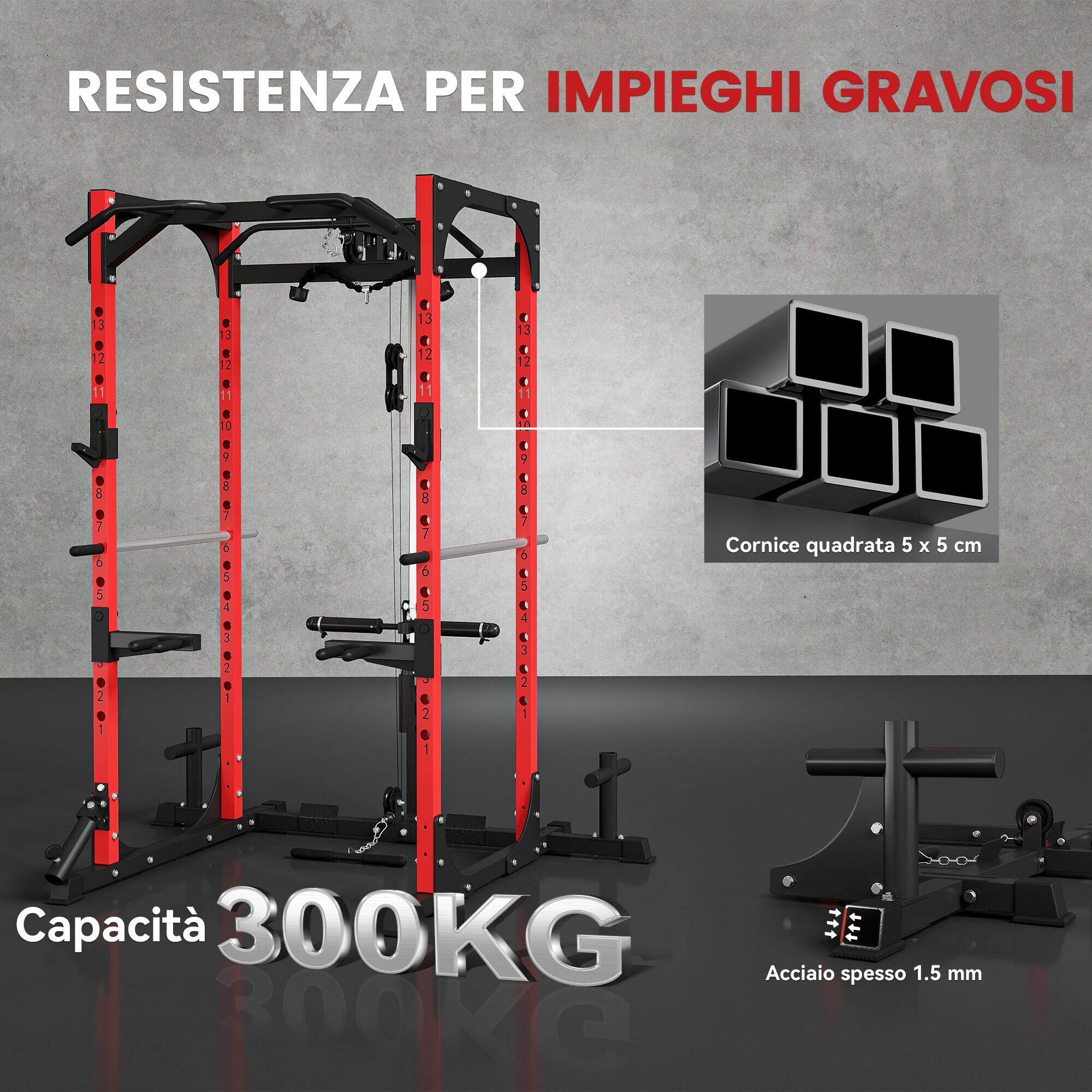 SPORTNOW Stazione Fitness con Supporto per Bilanciere e Barra Nero e Rosso 4/8