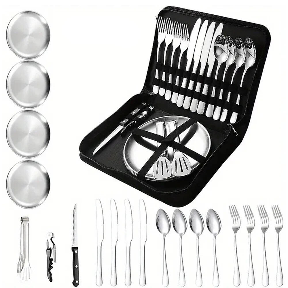 NNEOBA 20-Piece Steel Outdoor Camping Cutlery Set Silver
