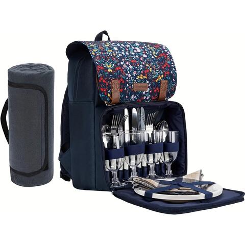 Insulated picnic backpack set for four with a blanket