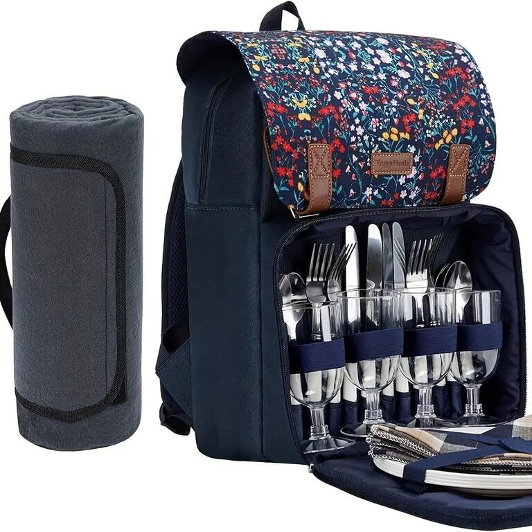 Floral insulated picnic backpack set with blanket and dining accessories for four