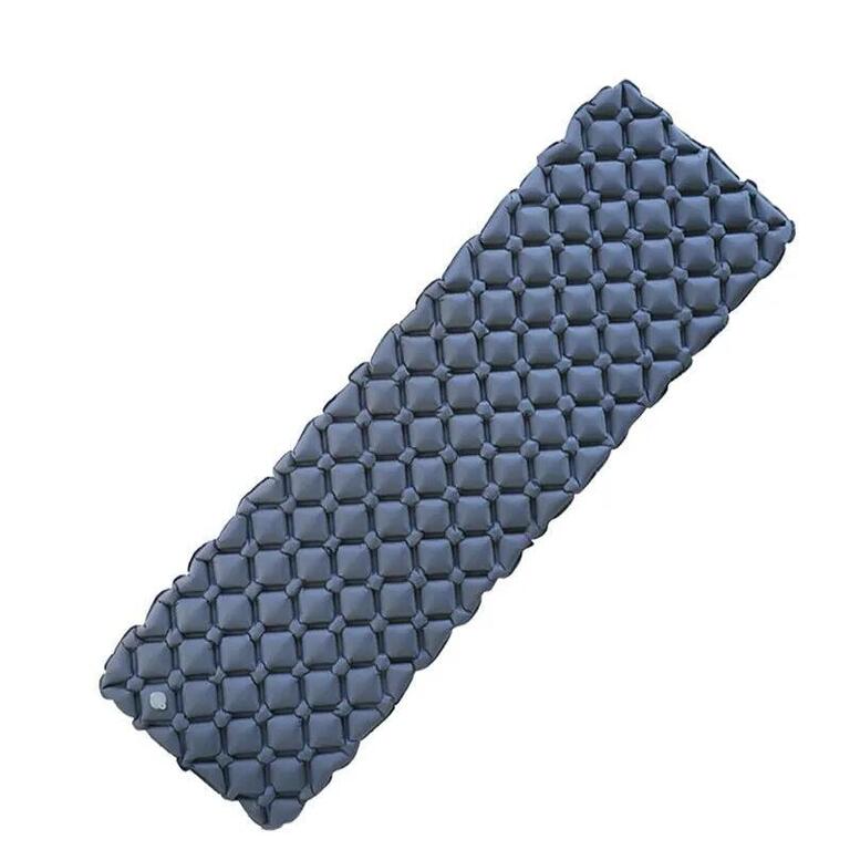 Inflatable camping sleeping pad in blue nylon