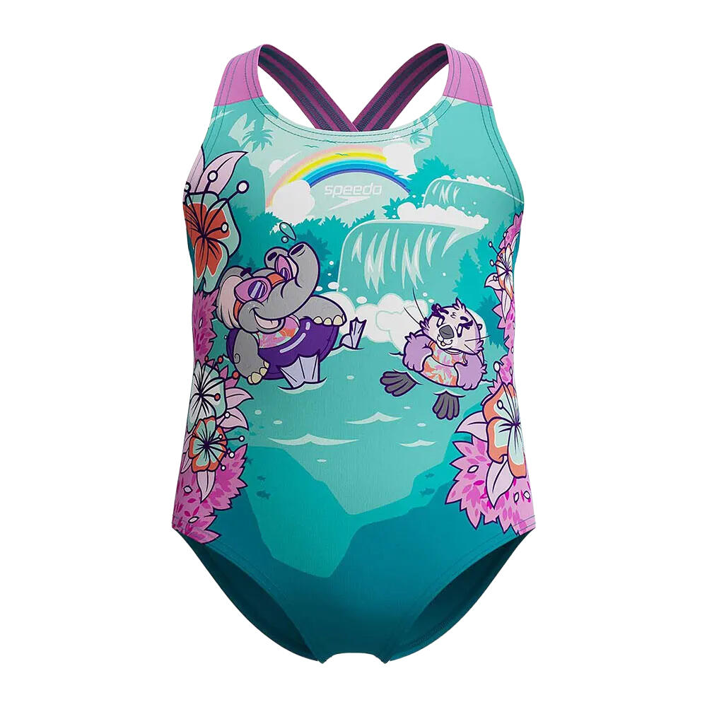Baby Girls Learn To Swim Printed Cross Back One Piece Swimsuit (Blue)