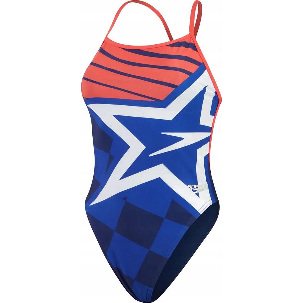 Womens/Ladies Placement Digital One Piece Swimsuit (Blue/Red)