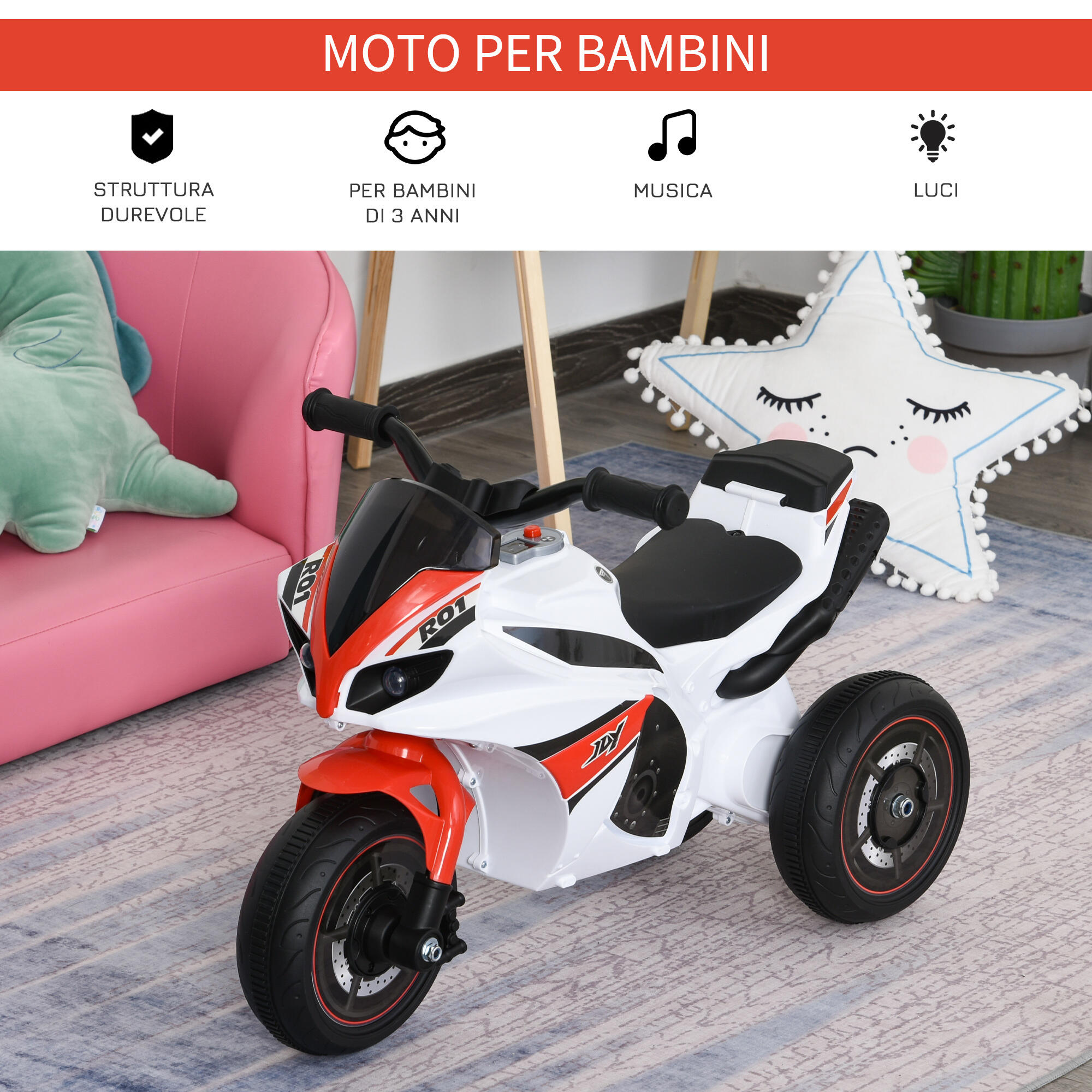 HOMCOM Moto Giocattolo 3 Ruote per Bambini 18-36 Mesi Senza Pedale Bianca Rossa 6/8