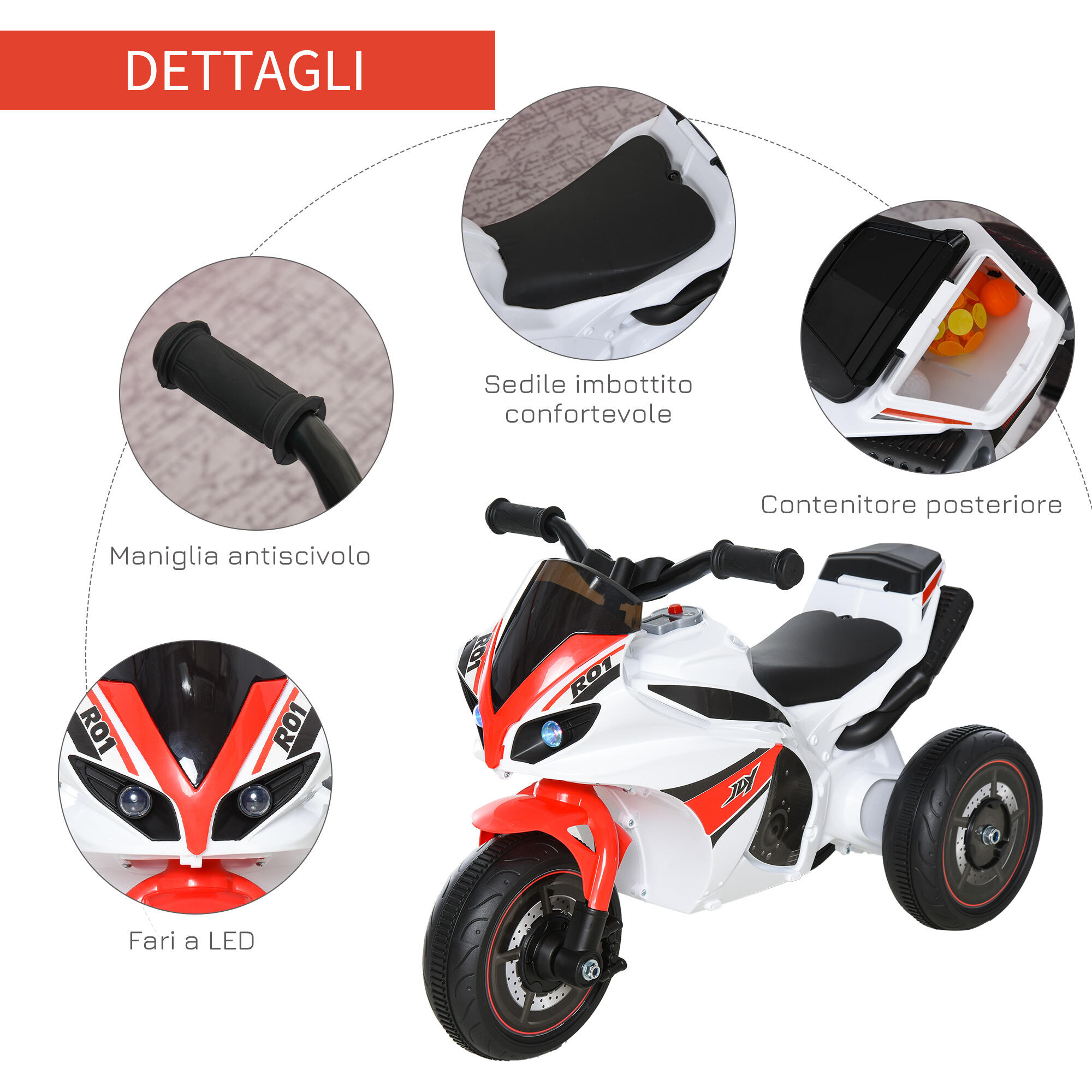 HOMCOM Moto Giocattolo 3 Ruote per Bambini 18-36 Mesi Senza Pedale Bianca Rossa 5/8