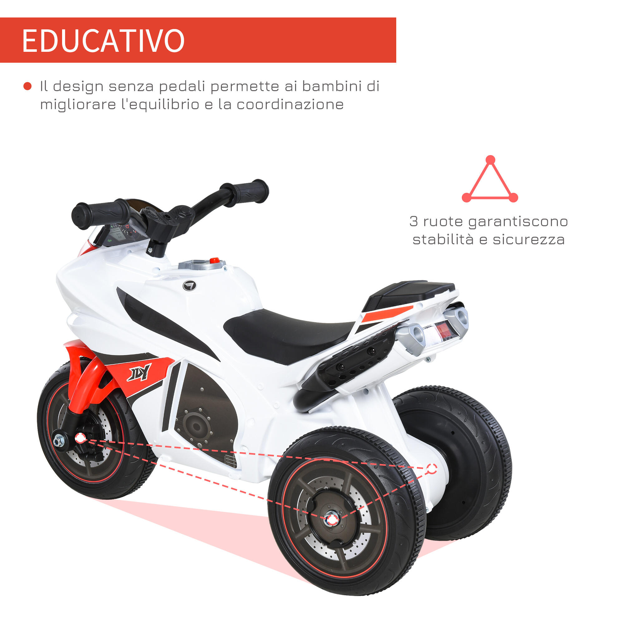 HOMCOM Moto Giocattolo 3 Ruote per Bambini 18-36 Mesi Senza Pedale Bianca Rossa 4/8