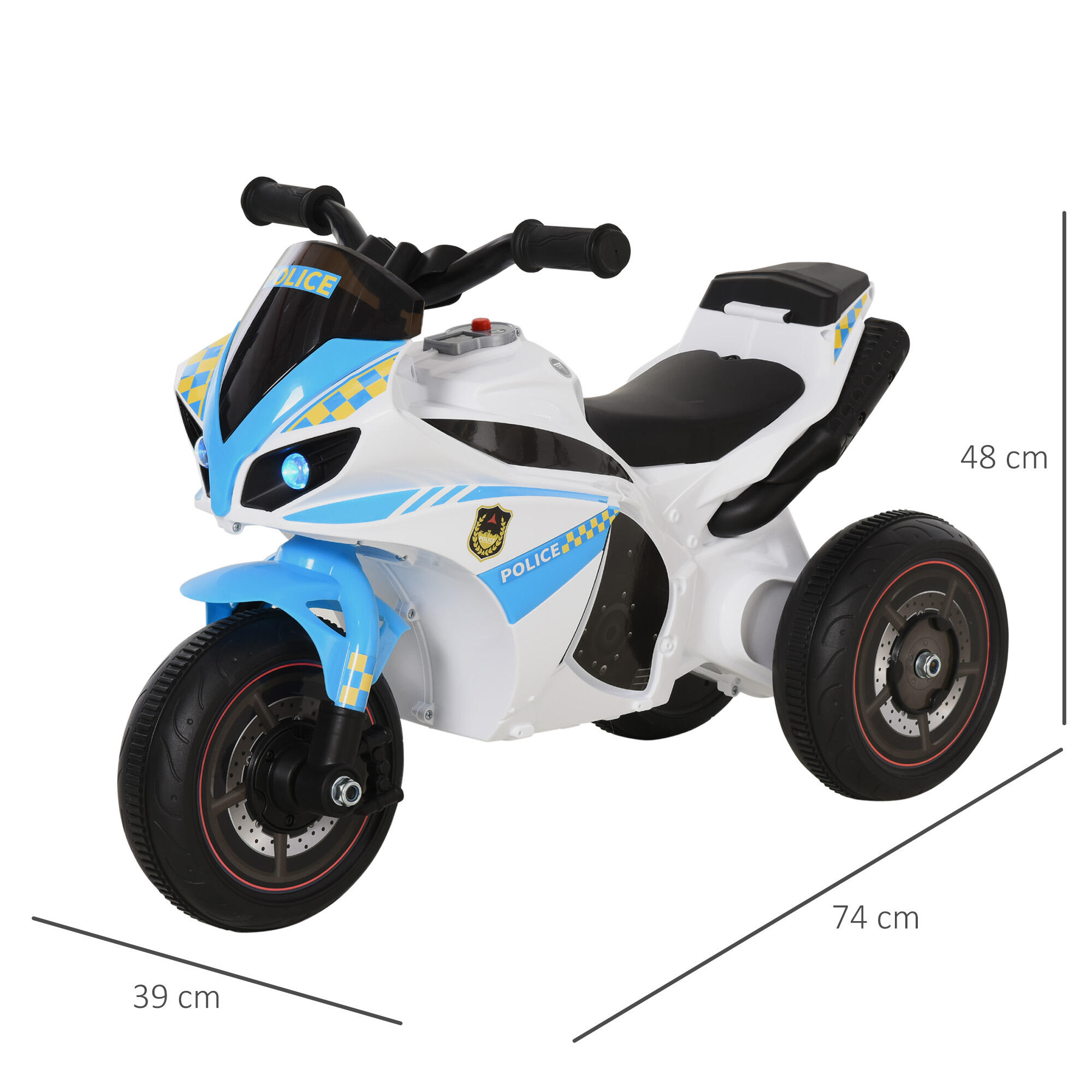 HOMCOM Moto Giocattolo 3 Ruote per Bambini 18-36 Mesi Stile Polizia Azzurro 3/7