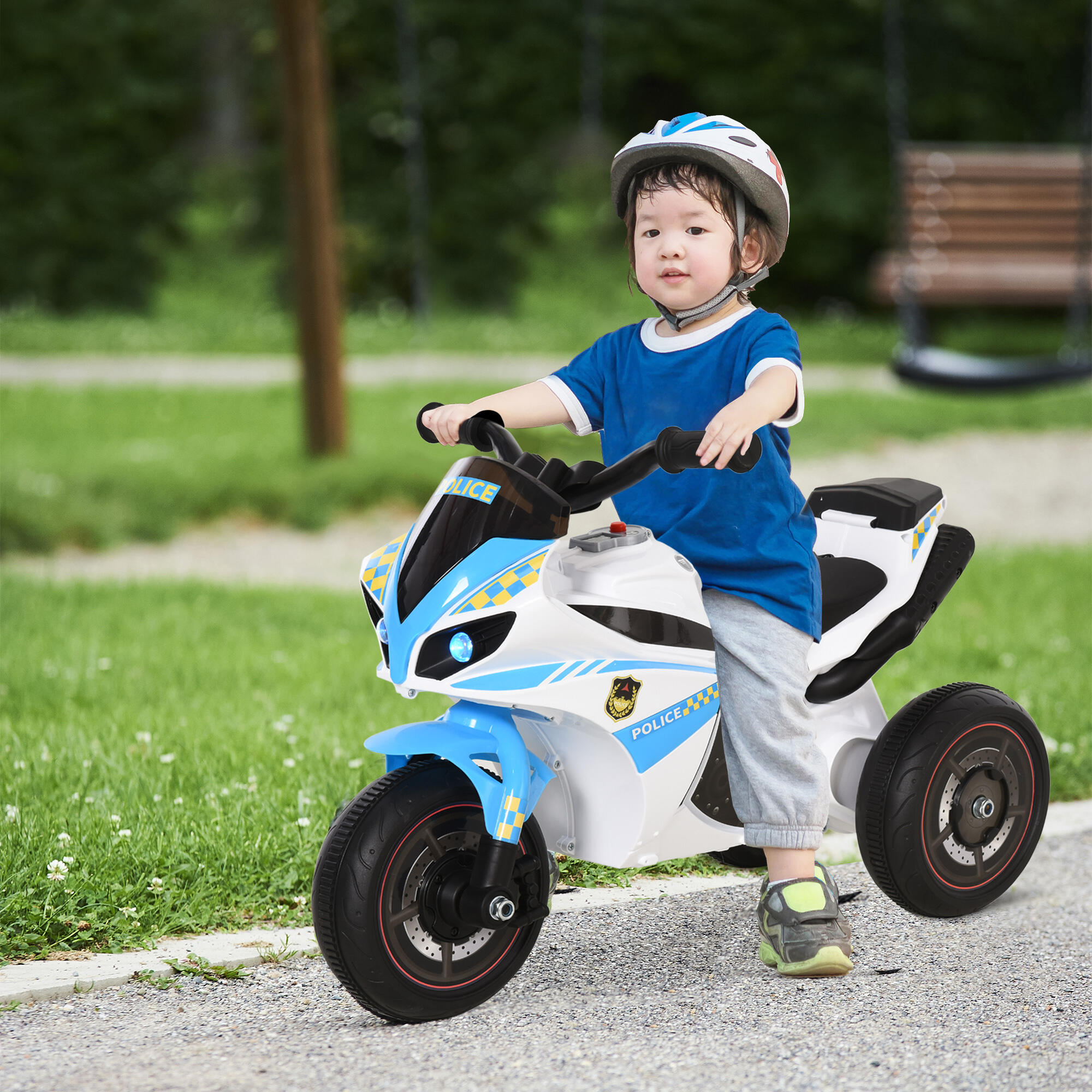 HOMCOM Moto Giocattolo 3 Ruote per Bambini 18-36 Mesi Stile Polizia Azzurro 2/7