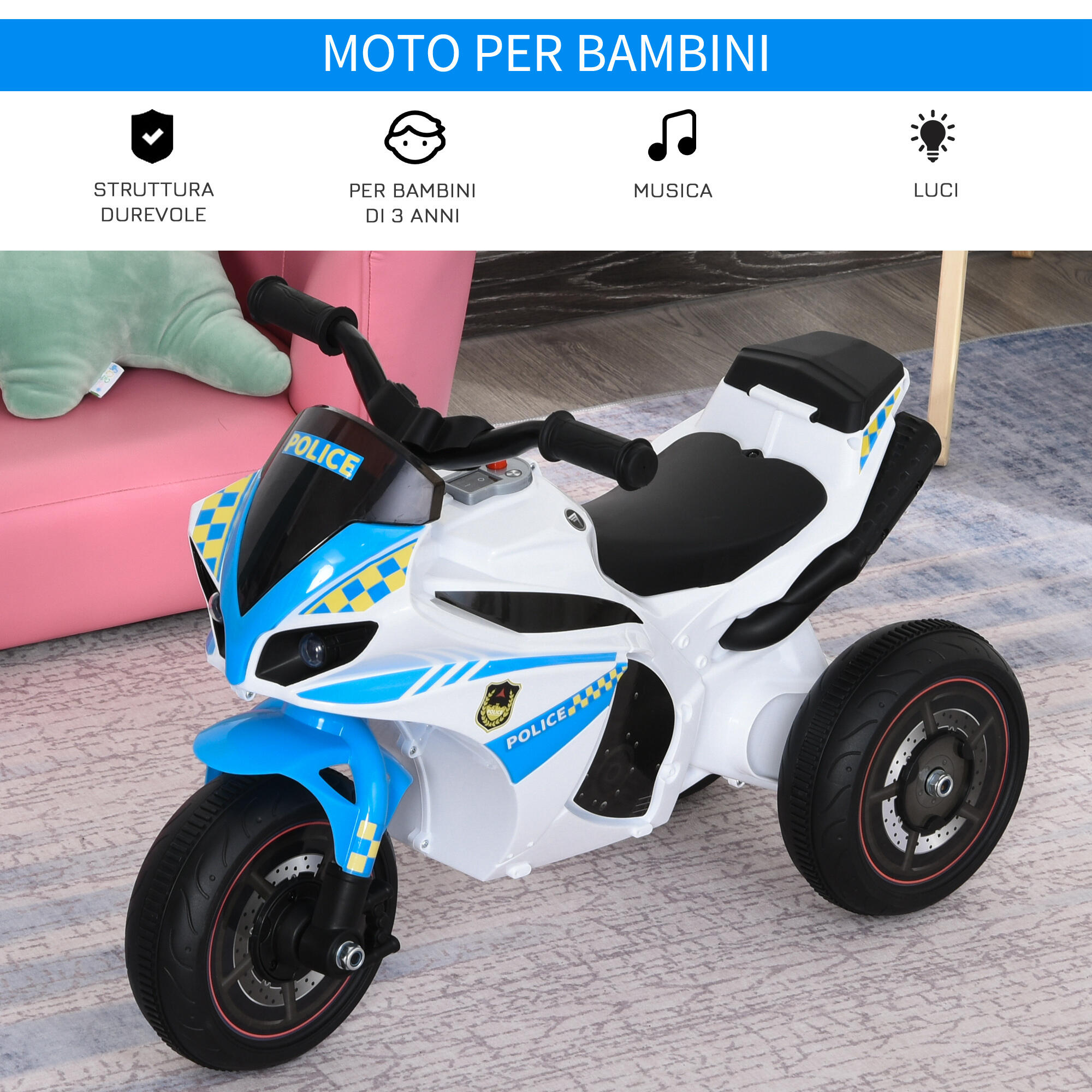 HOMCOM Moto Giocattolo 3 Ruote per Bambini 18-36 Mesi Stile Polizia Azzurro 6/7